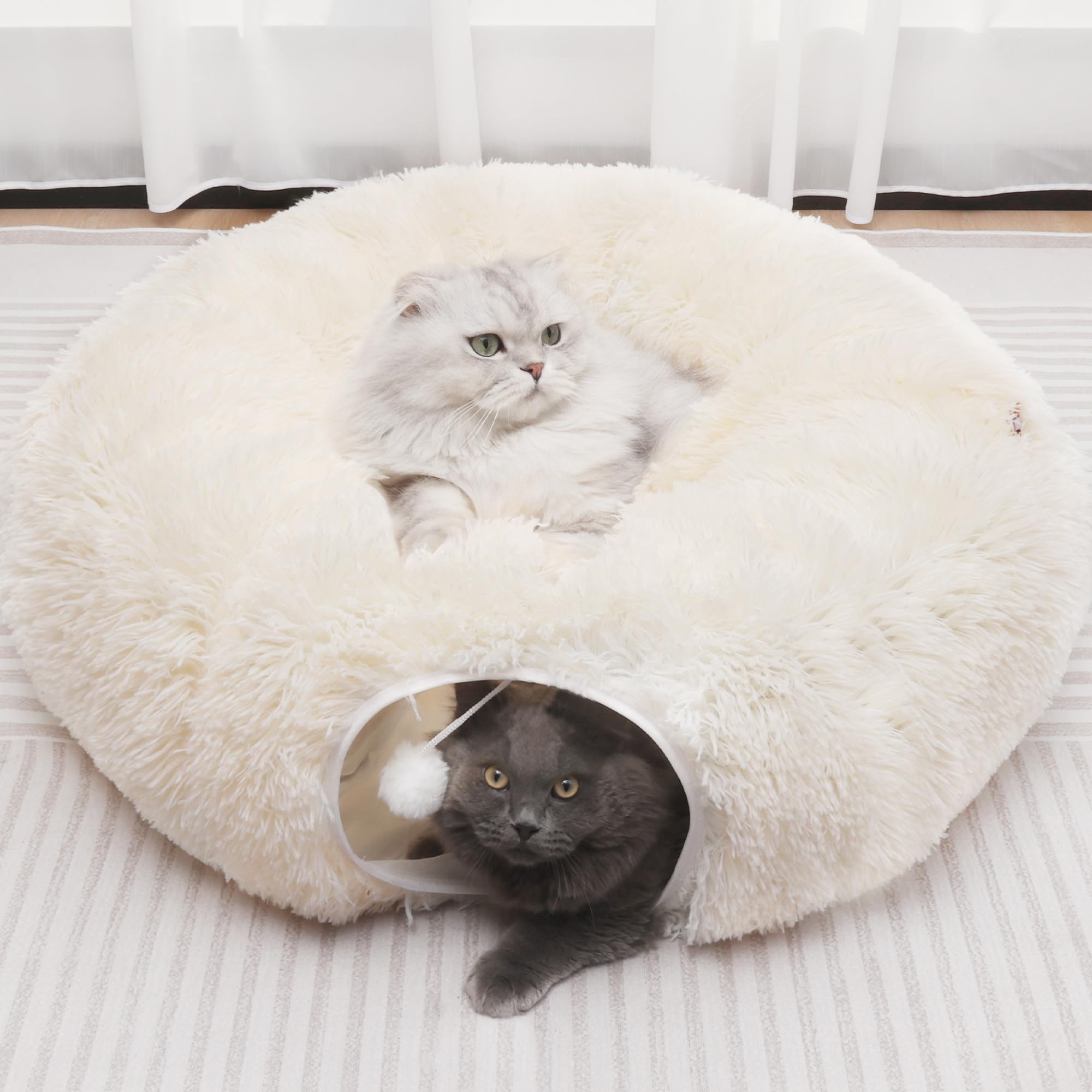 Túnel de felpa para gatos con cama para gatos de interior, túnel multifuncional para gatos pequeños, medianos y grandes, gatitos, conejos, cachorros (blanco)