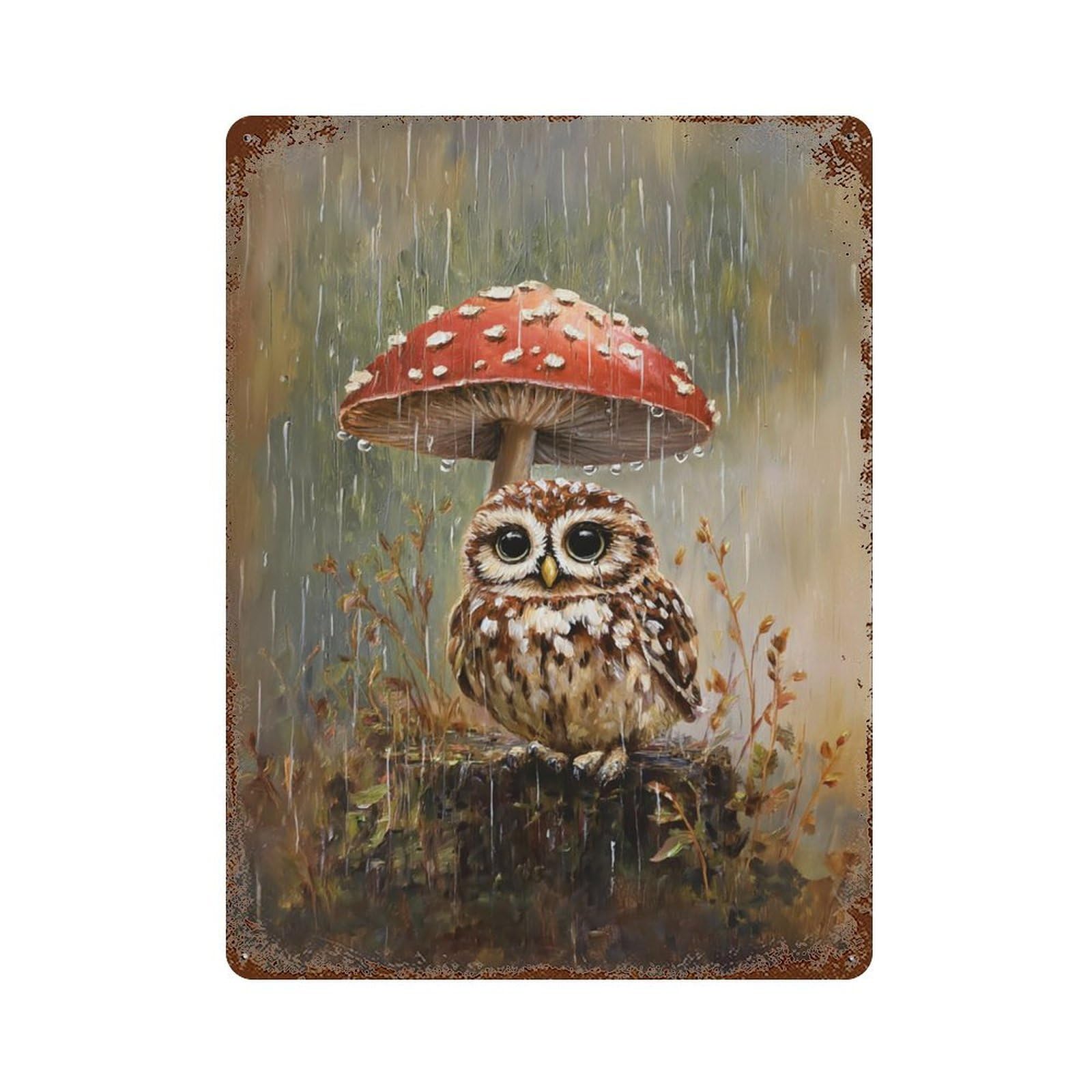 Retro Metal Sign Rainy Forest Owl 15.7"x11.8", Decorative Metal Wall Art for Pub, Kitchen And Man Cave Decor