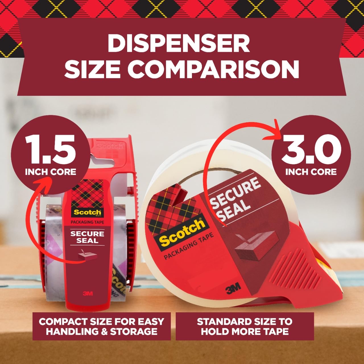Scotch Secure Seal Packband, ultraklar, zuverlässige und langlebige Dichtung, 4,8 x 2,032 cm, 6 Verpackungsrollen mit Spender