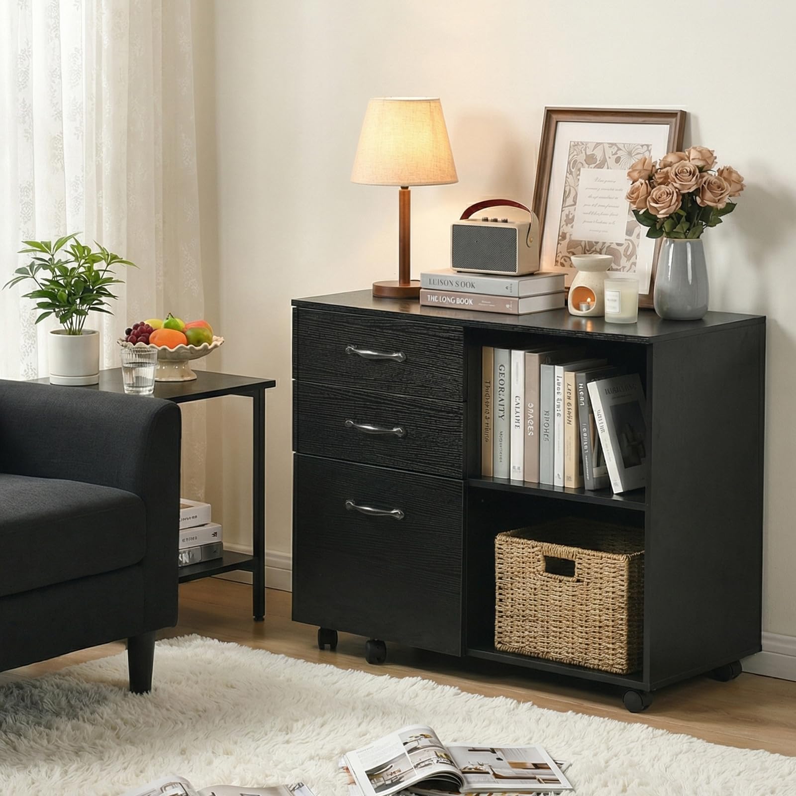 buybyroom Cajonera enrollable con 3 cajones, de madera, con 5 ruedas, 2 compartimentos abiertos, color negro