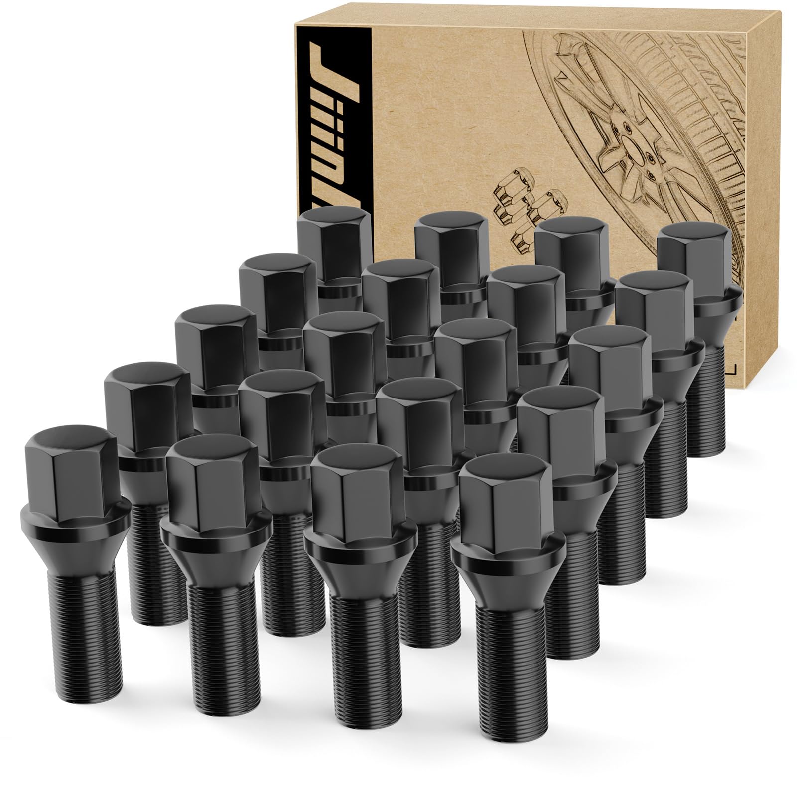 JiiinMiiin M14x1.5 Black Wheel Lug Bolts, WheelBolt Thread for Wheel Spacers, 17mm Hex, 28mm Thread Length, Conical Seat, 20 Pack