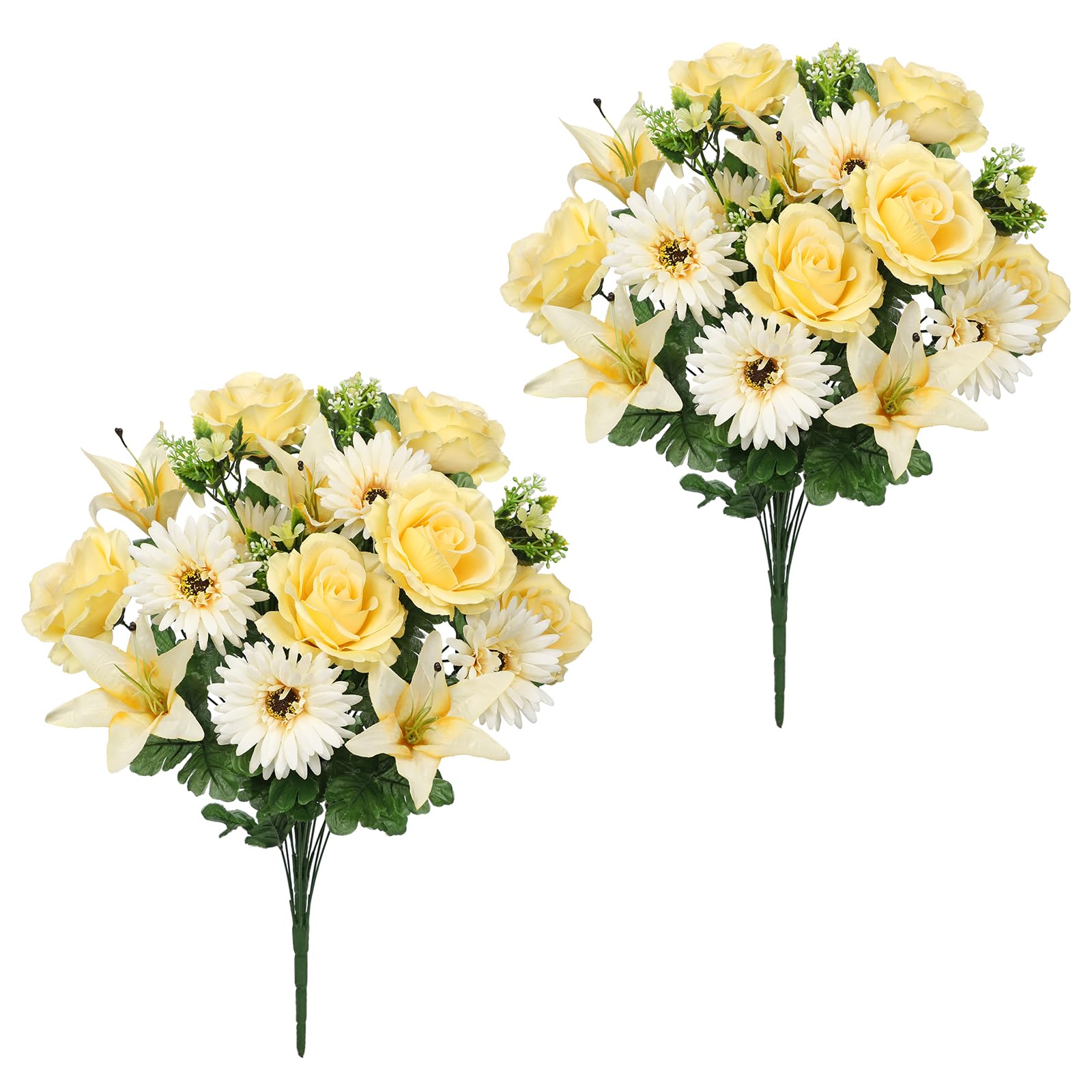 Hollyone 2PCS Artificial Grave Flower Bouquets, Yellow White Silk Roses Daisies Lilies, Fake Cemetery Ornaments for Graveside, Funeral Floral Bouquet for Outdoor Decorations