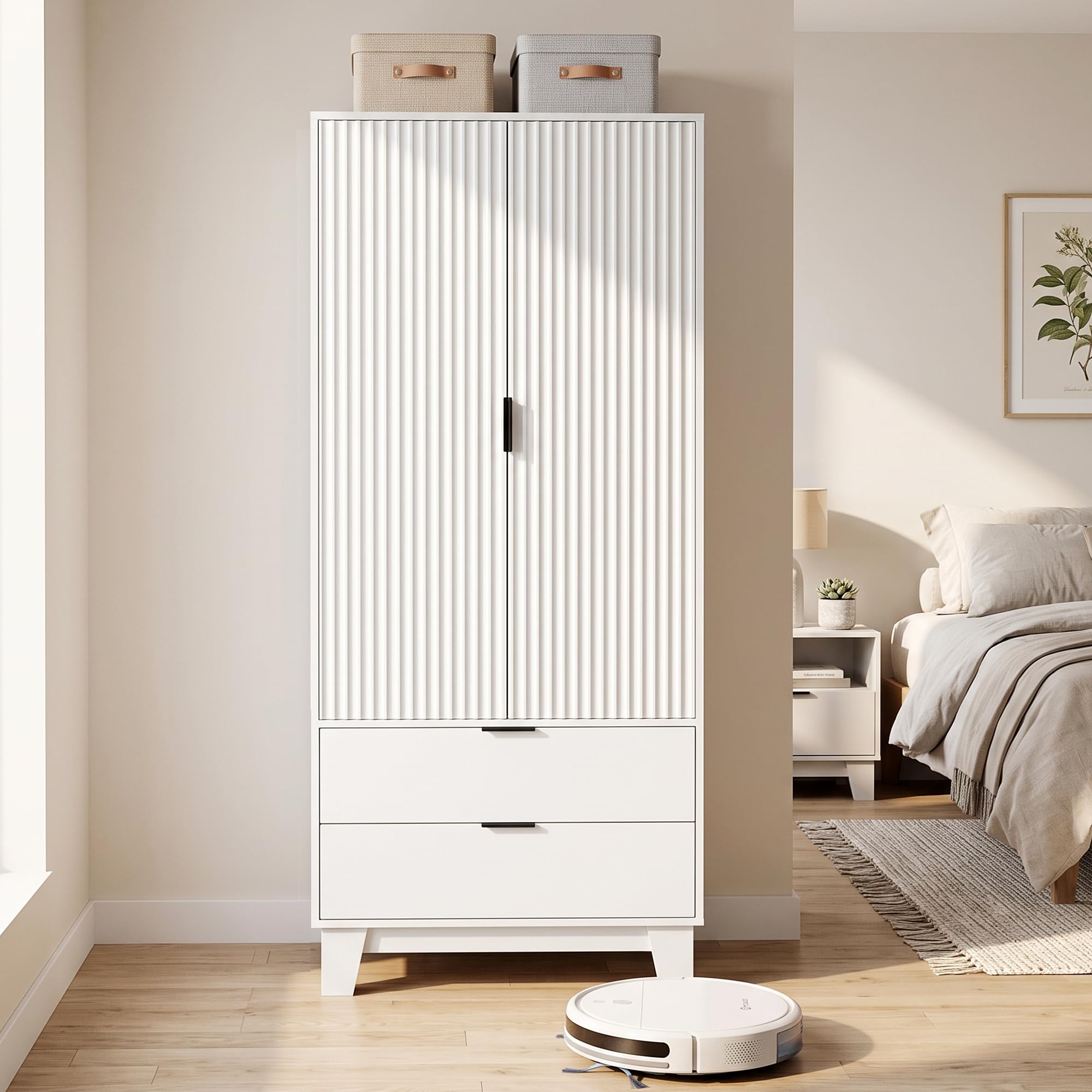 HOMCOM Armoire Chambre penderie avec 2 Portes cannelées à Fermeture Douce, 2 tiroirs et Barre de Suspension, Armoire à vêtements, Dressing, Style Moderne, 80 x 50 x 180 cm, Blanc