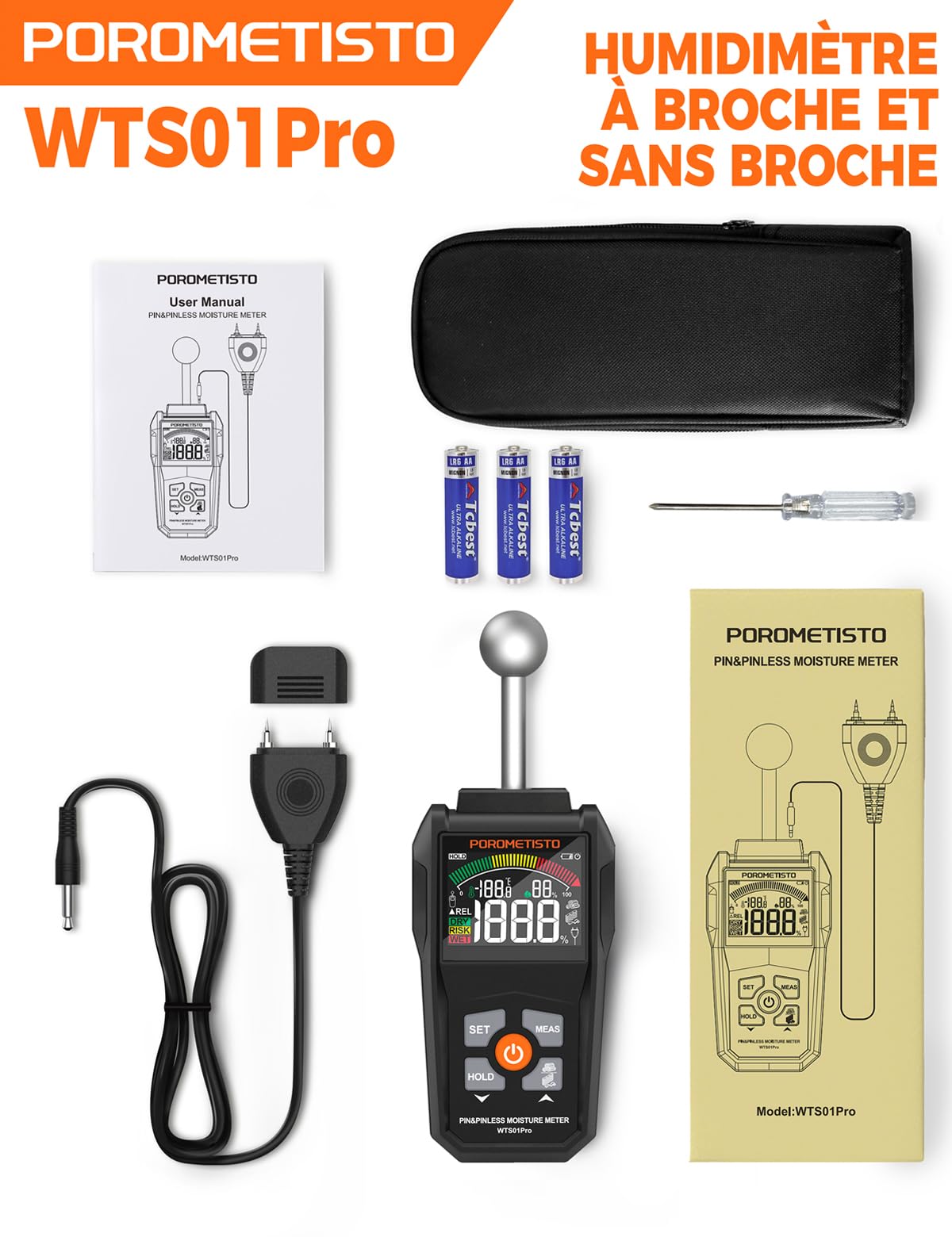 2 en 1 Testeur Humidité Sondes Sphérique et à Aiguilles,POROMETISTO | Testeur Humidité Mur de qualité industrielle,Testeur Humidité Bois, Détecte 20-40 mm Pour Bois,Mur,Plâtre,Parquet