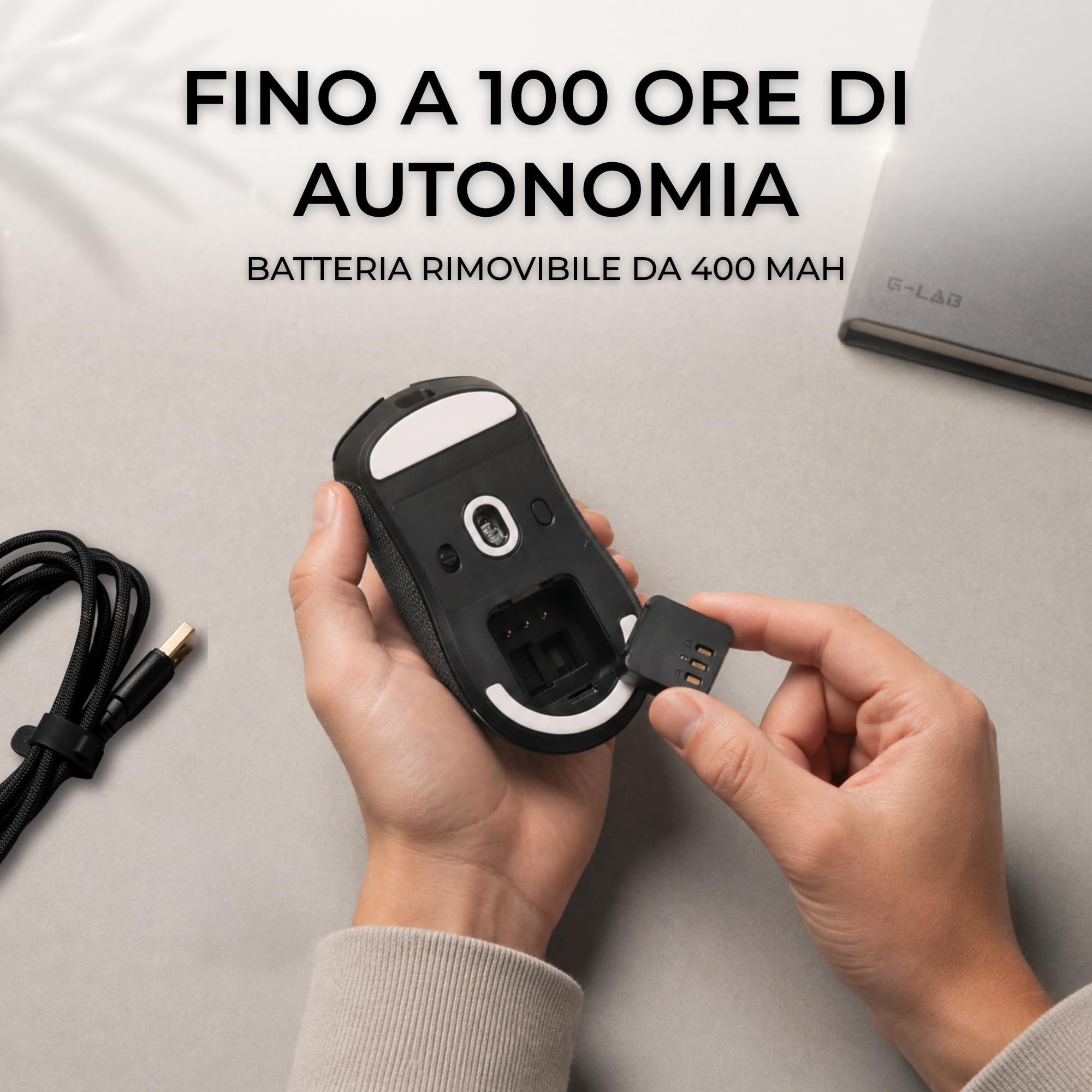 THE G-LAB Kult Elite M100 - Mouse Gaming con Sensore Ottico PixArt 3395, 26.000 DPI, 1.000 Hz, Pattini 100% PTFE - Mouse Wireless Tri-Mode 2,4 GHz/Bluetooth/Cablato, 100 Ore di Autonomia e Software