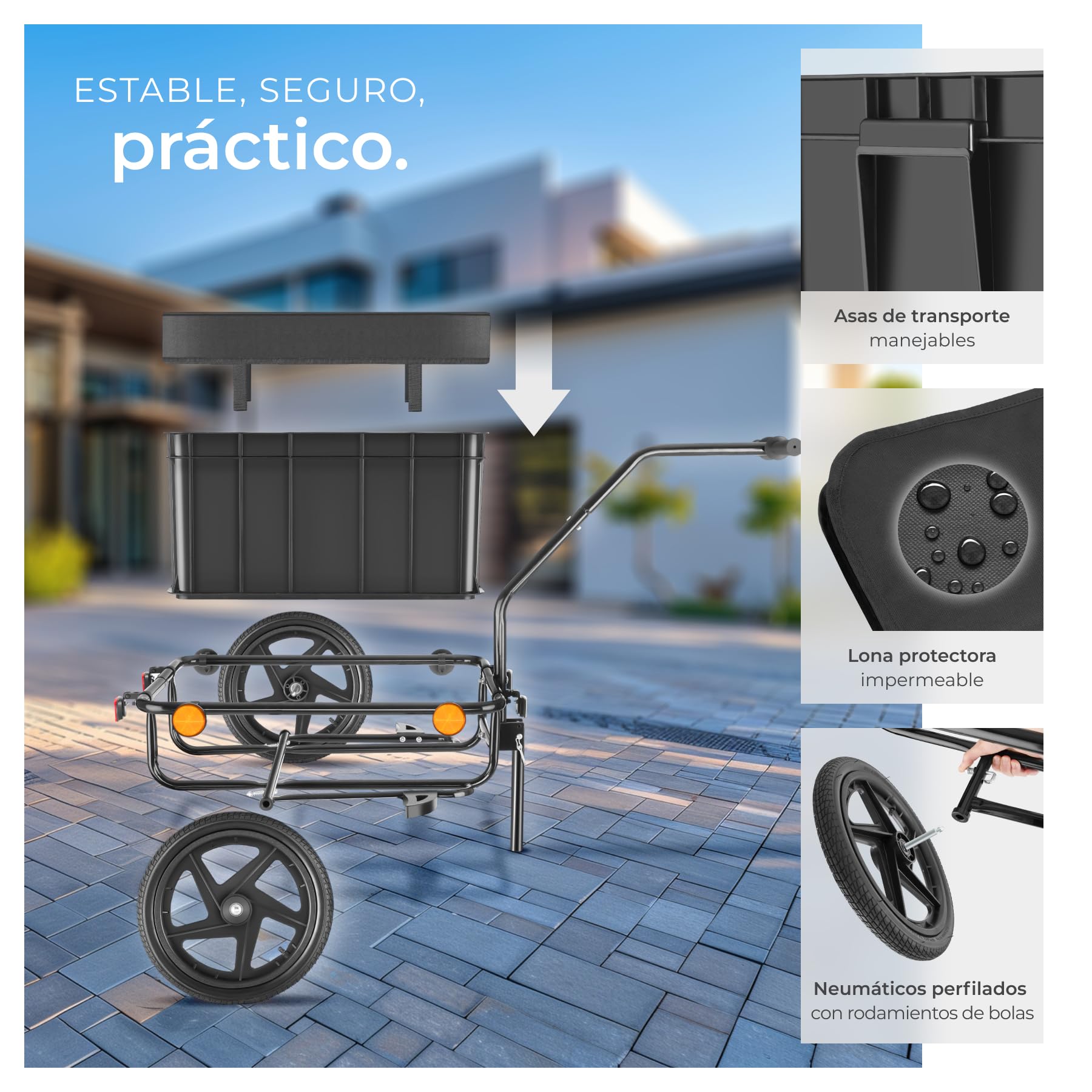 tectake® Remolque para Bicicleta 2 en 1, Uso como Remolque Bicicleta y Carrito de Mano, Gran Espacio de Almacenamiento, Lona Protectora, neumáticos llenos de Aire, Soporte Plegable - Negro