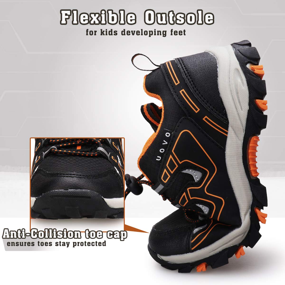 UOVO Boys Shoes Boys Tennis Running Sneakers Waterproof Hiking Shoes Kids Outdoor Fashion Sneakers Slip Resistant (Big/Little Boys) Black/Orange-One 3 Little Kid