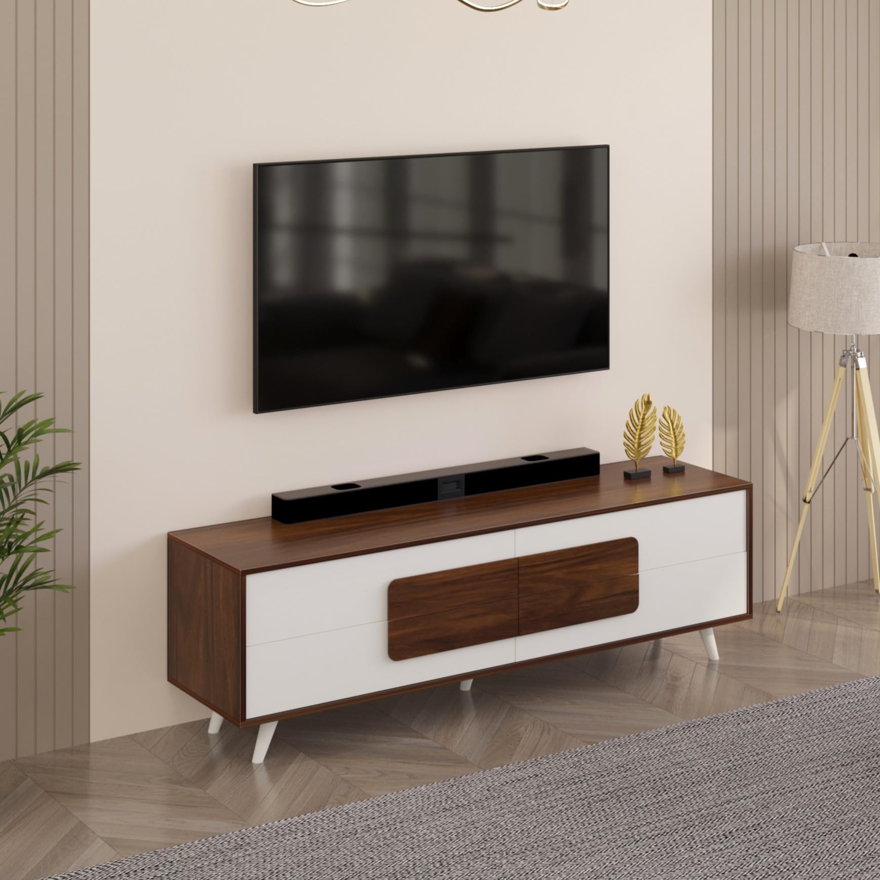 BLUEWUD Mayrone Engineering Wood TV Entertainment Unit Set Top Box Stand/TV Cabinet/Chest of Drawers with Storage Shelves for Books & Décor Display Unit Upto 60 Inches (Brown Maple & White)-image-6