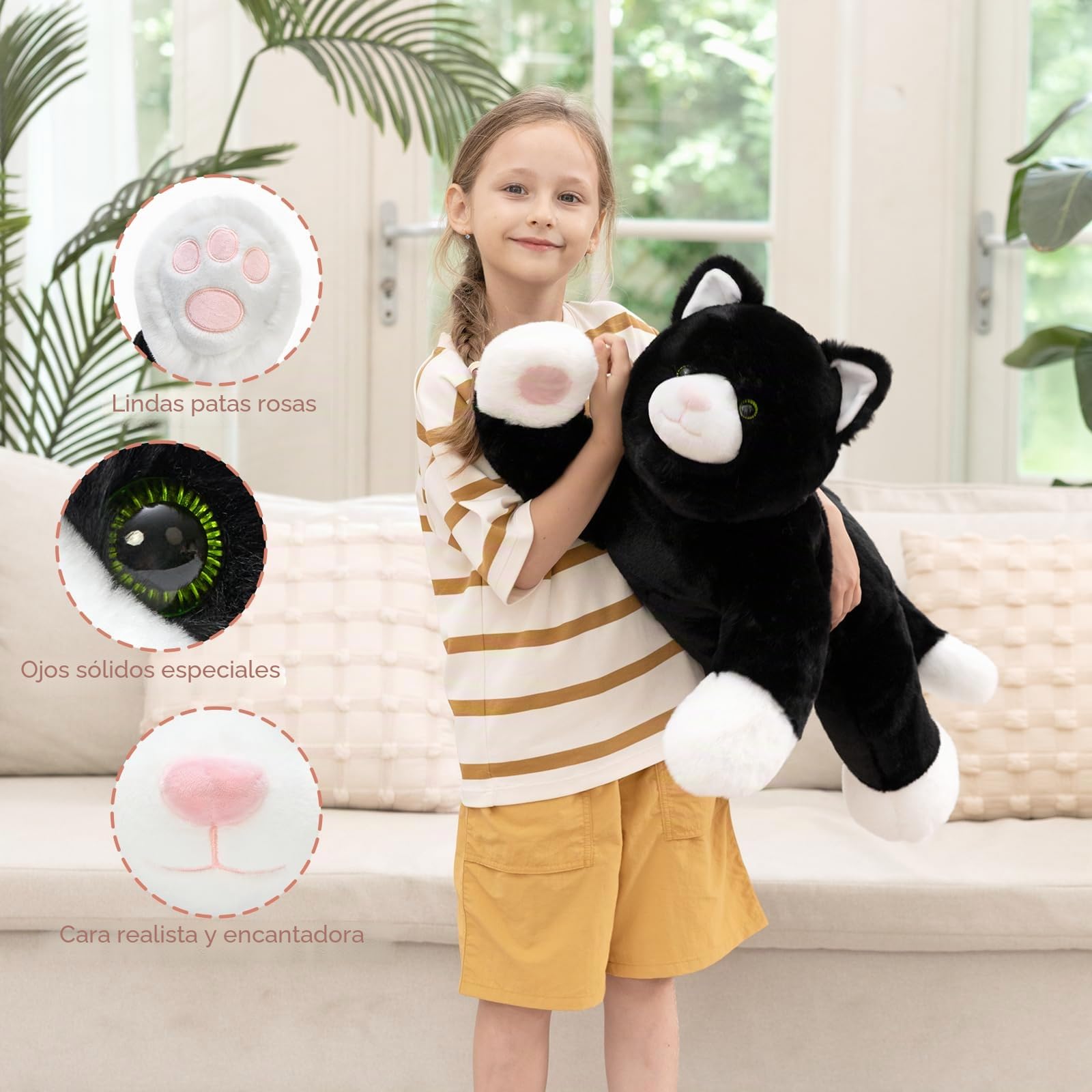 MorisMos Gato Peluche Negro, 80cm Gato Juguete de Peluche Teddy Animales Grande Suave Bonito, Kawaii Regalos San Valentin para Madre Cumpleaños Navidad