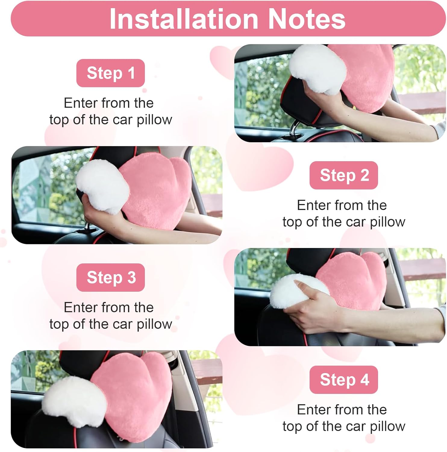 2 Pcs Heart Shaped Car Headrest Pillow with Angel Wings Pink Heart Cute Neck Pillow for Car Neck Support Head Rest Cushion Comfortable Seat Pillows for Driving Travelling Office