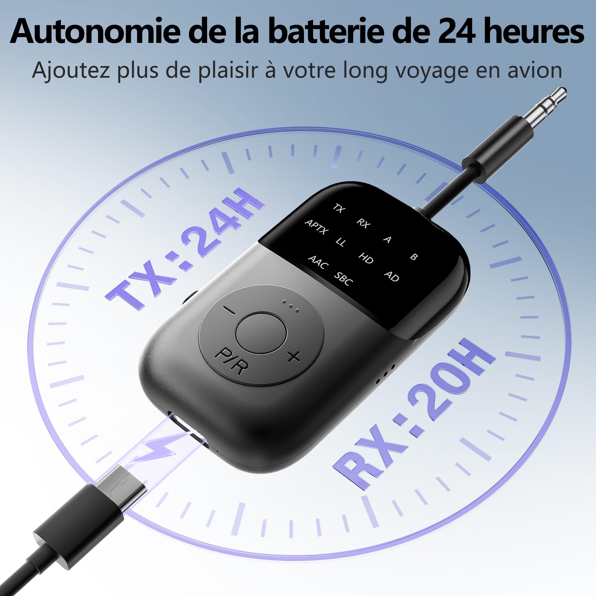 Bluetooth 5.4 Transmetteur Récepteur, 2-en-1 Adaptateur Bluetooth Avion, Double Casque & 24H Autonomie - pour TV, Avion, Voiture, Tablettes, Casque TV sans Fil, Compatible AirPods & aptX
