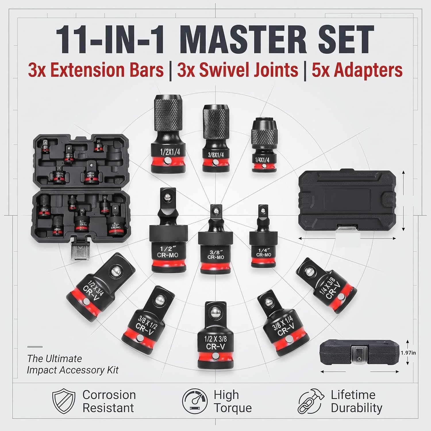 Kit da 11 Pezzi Adattatore e Riduzione per Bussola ad Impatto, Prolunghe e Giunto Cardanico in CR-V/CR-MO, 1/4" 3/8" 1/2" per Chiave a Cricchetto, Avvitatore, Chiave Dinamometrica, con Astuccio