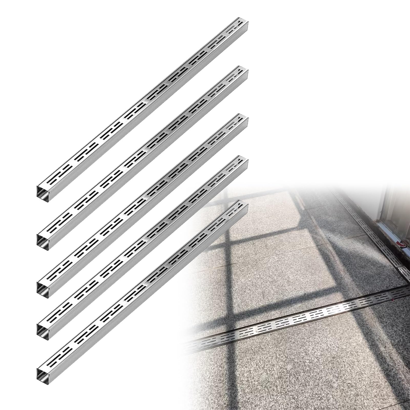 Lot de 5 canaux de drainage en métal pour gouttière - Tuyau de vidange en béton robuste - Tranchée fine avec grille amovible pour cour extérieure