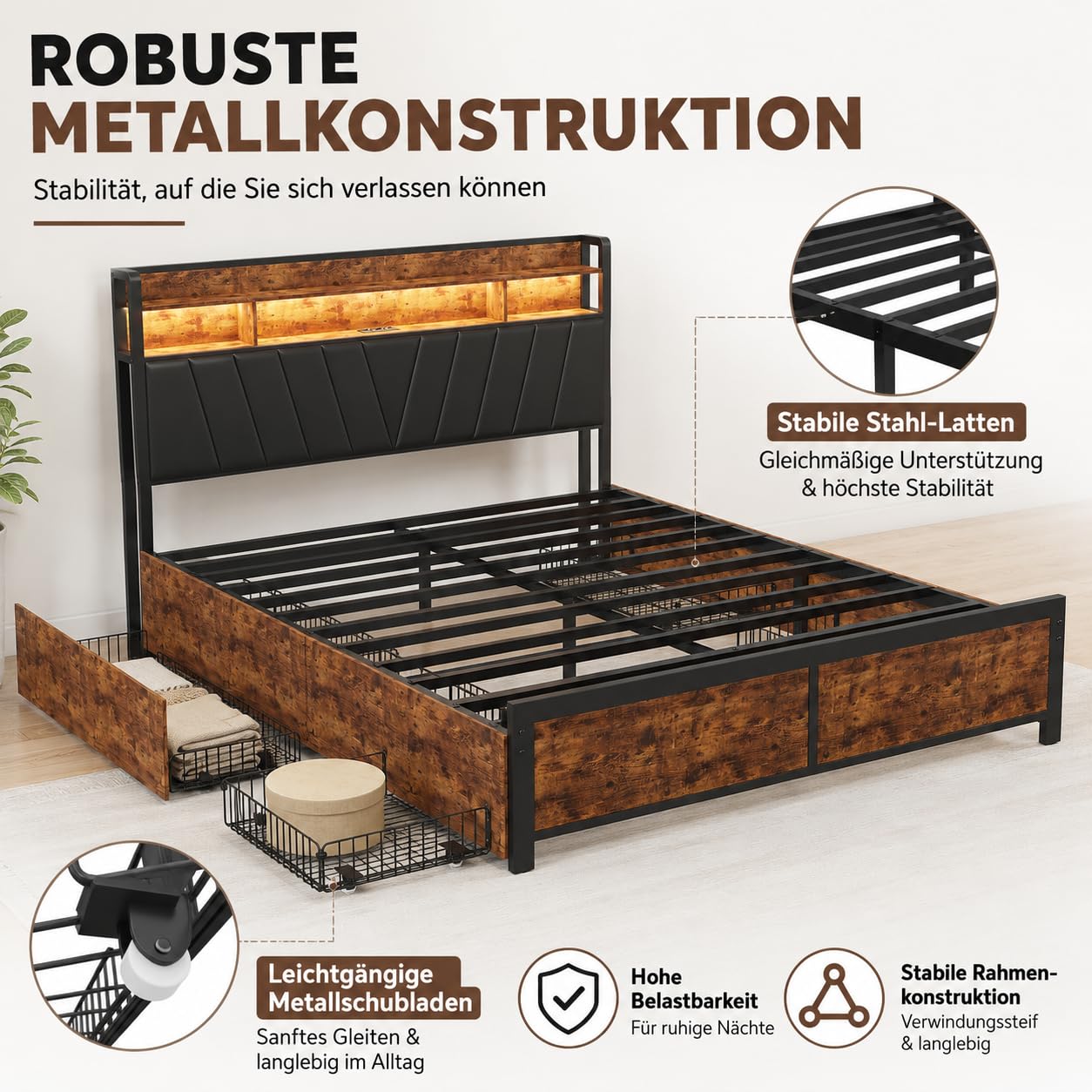 Doppelbett 180x200 cm Metall Holz 4 Schubladen App LED USB Steckdose Bett