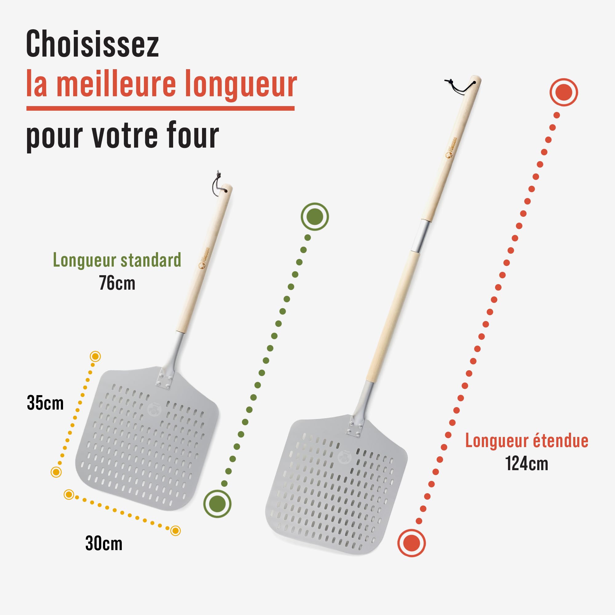 Chef Pomodoro - Longue Pelle A Pizza Professionnelle (35 cm x 30 cm) - Spatule Pizza en Aluminium Perforé - Poignée en Bois Extensible Et Détachable - Pelle Pizza de Haute Qualité
