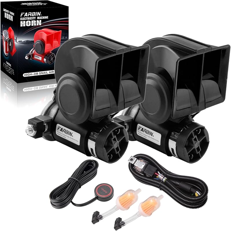 FARBIN Air Horn for Truck Compact Train Horn Electric Car Horn with Button | 2Pcs, upgraded relay wiring harness and push button switch, compact, 12V 150dB loud, universal for any 12V vehicles