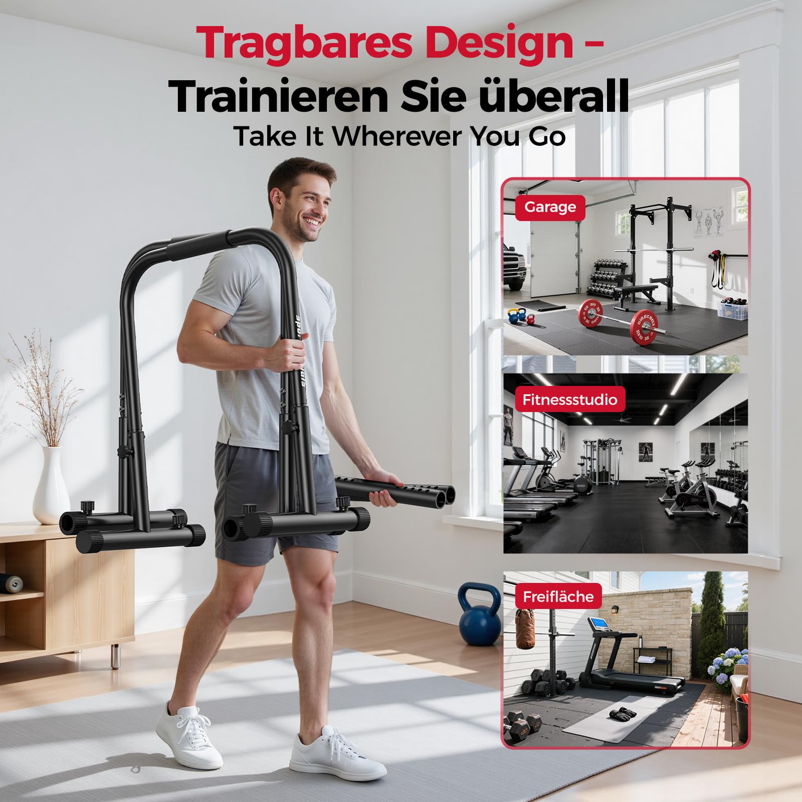 Sportsroyals Dip Barren Testsieger,400 kg Tragkraft Dip Stange & Dip Bar,Doppel Sicherung,Funktionaler Stabiler Dip Bar,Höhenverstellbar 81-96 cm,Tragbar für Heimgym&Calisthenics Equipment