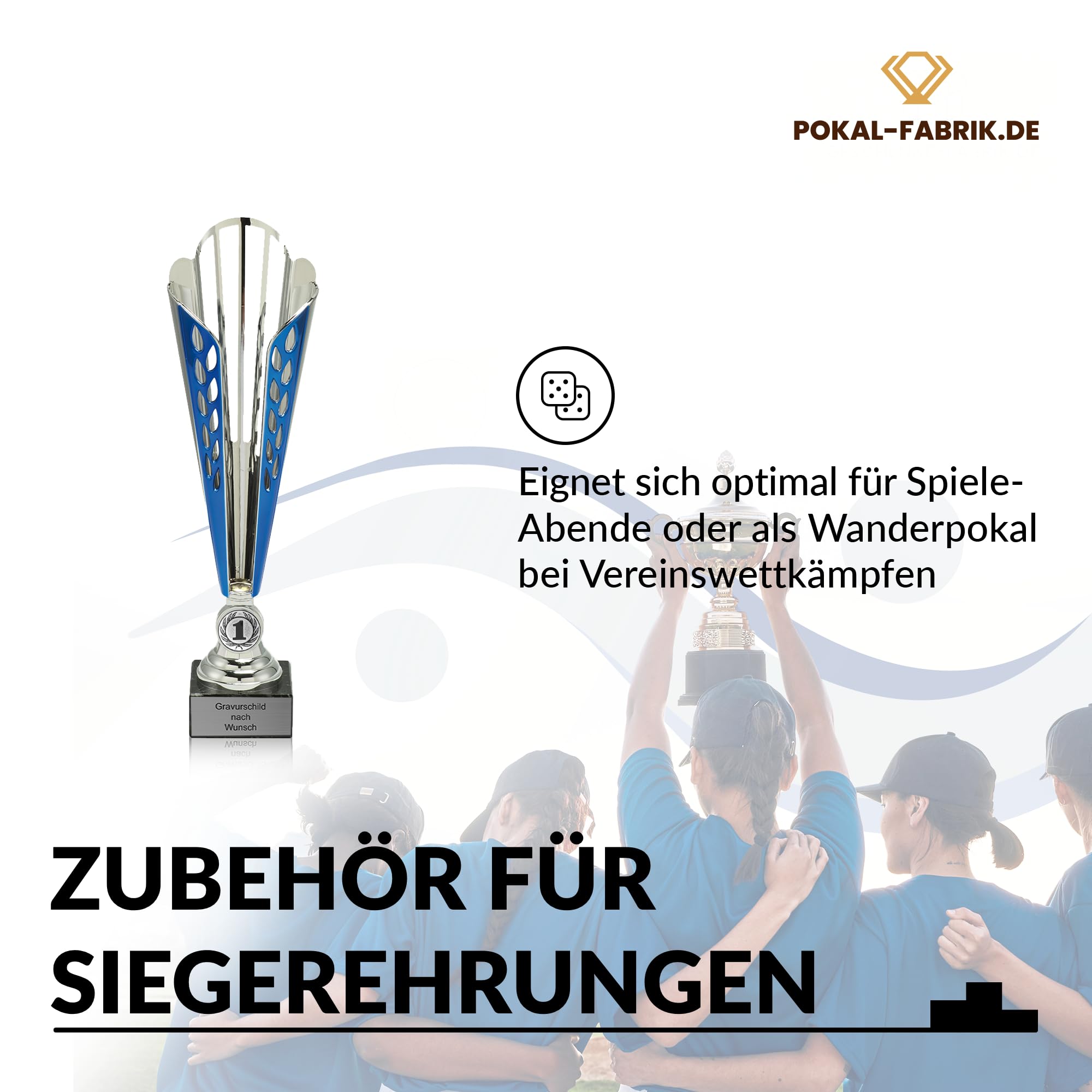 Pokal-Fabrik Pokal mit Gravur Wunschtext – Silber & Blau Trophäe mit Sportart Emblem nach Wahl – Personalisierte Auszeichnung für Fußball WM & Sport Events – 32/33,5/35,5 cm inkl. Marmorsockel
