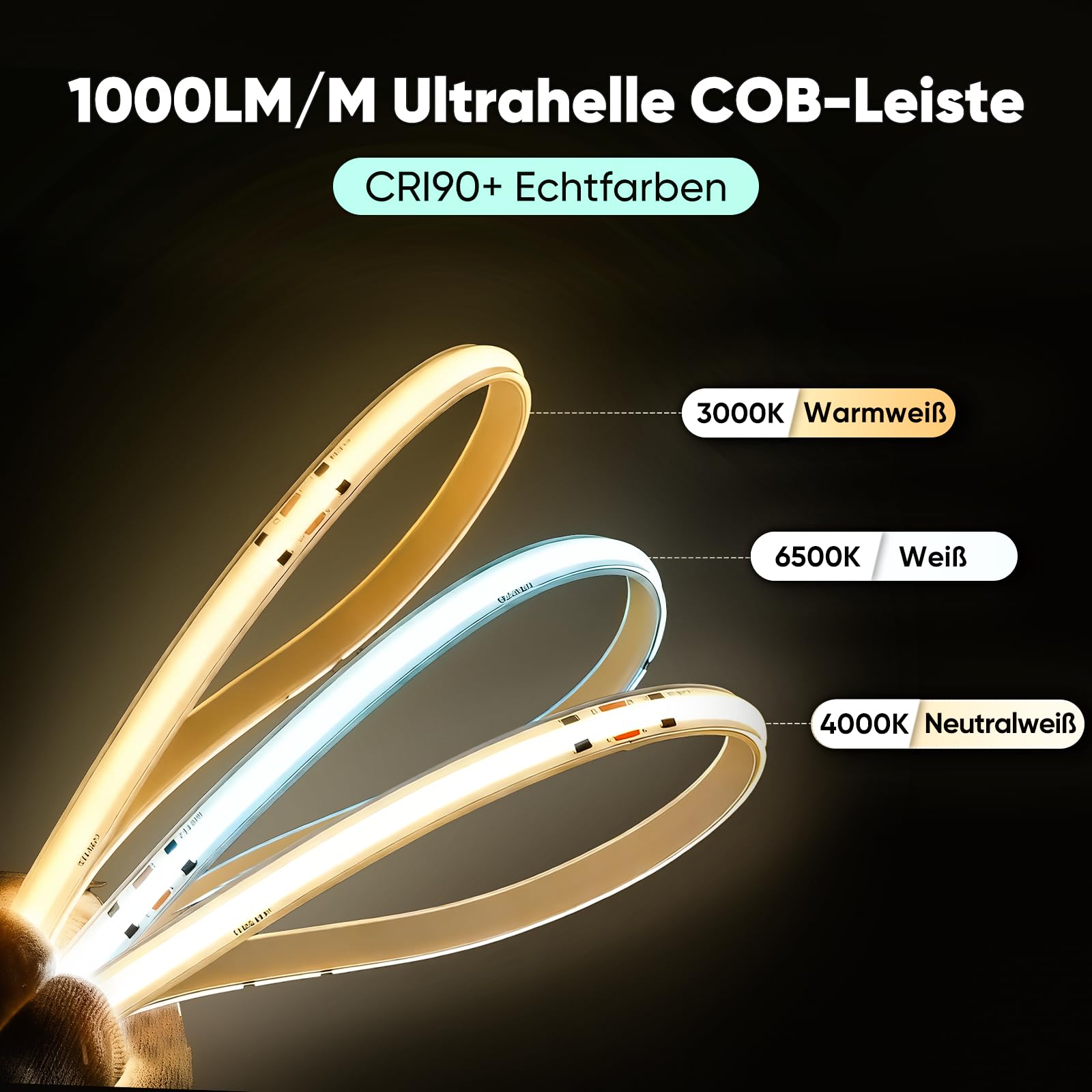 GZBtech 230V COB LED Streifen 5m 3000K warmweiß, CRI90+ selbstklebend silikon Lichtband, 1000lm/m Aussenbereich strip light für TV Hintergrundbeleuchtung schrank beleuchtung Schlafzimmer, CE-Listed
