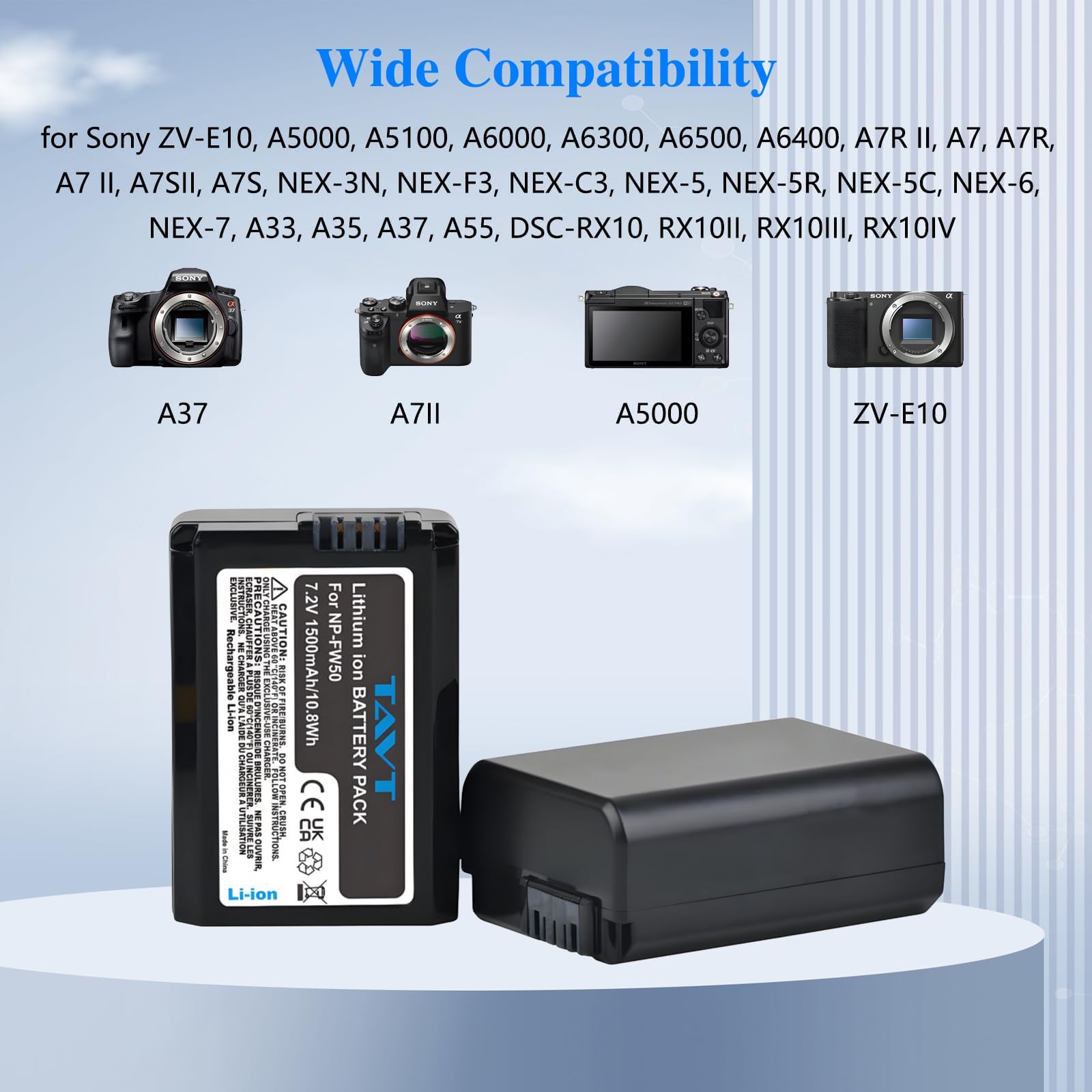 Lot de 2 batteries NP-FW50 et chargeur pour Sony ZV-E10, A6000, A6300, A6500, A6400, A7RII, A7, A7R, A7II, A7SII, A7S, A5000, A5100, NEX-3N, NEX-5, NEX-6, NEX-7, A33, A35, A37, A55, DSC-RX10/II/III/IV