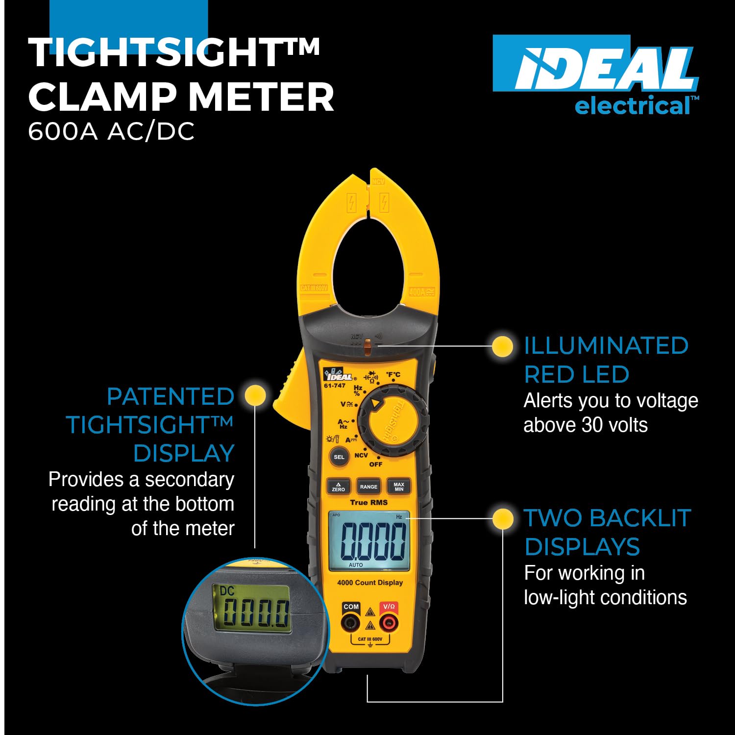 Ideal Electrical 61-747 TightSight Clamp Meter, 400A AC/DC, 600V TRMS — Amazon image 2