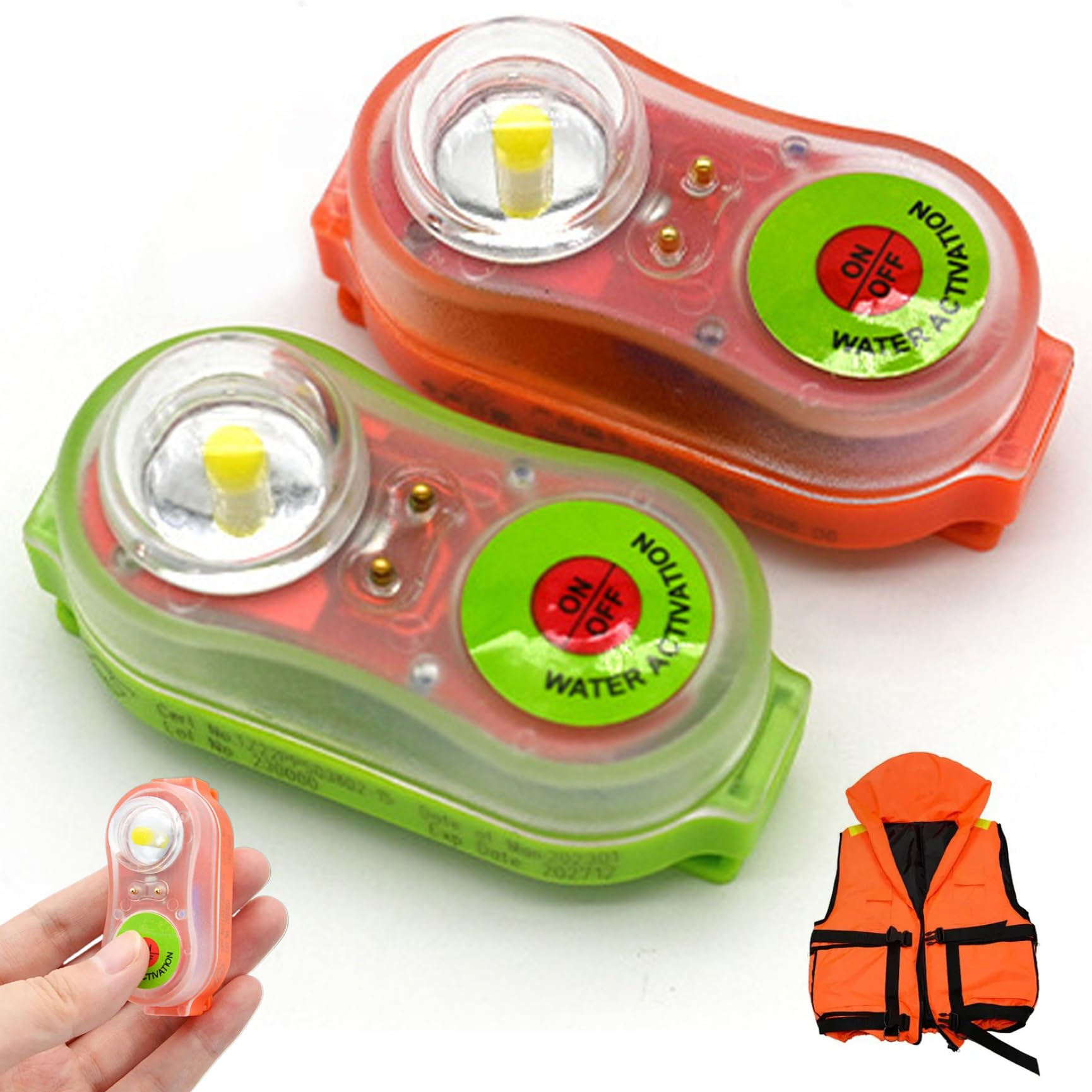Luce per giubbotto di salvataggio da 2 pezzi, luce per giubbotto di salvataggio attivata dall'acqua rossa e verde, gilet a LED bianco alimentato a batteria per canottaggio, kayak, emergenza
