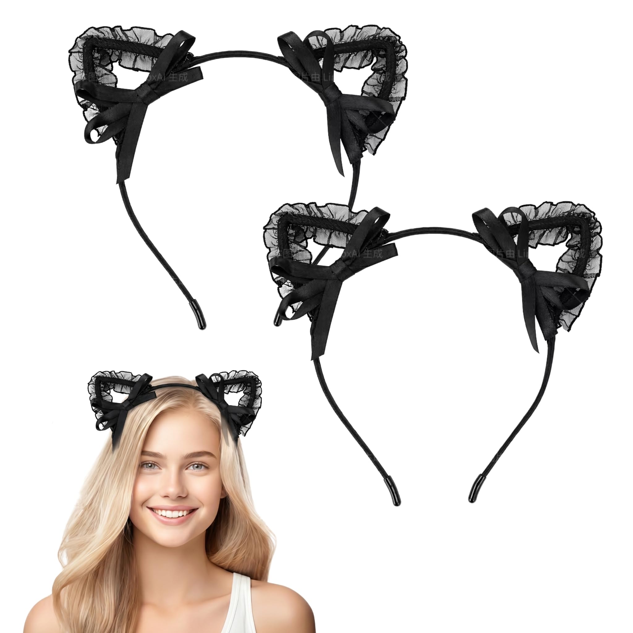 Yizzen 2 Pcs Cat Ears, Black Cat Headband - Cute Hair Accessory for Women Girls Costume Mask Skincare Spa Yoga Cosplay Halloween Parties (Bow)
