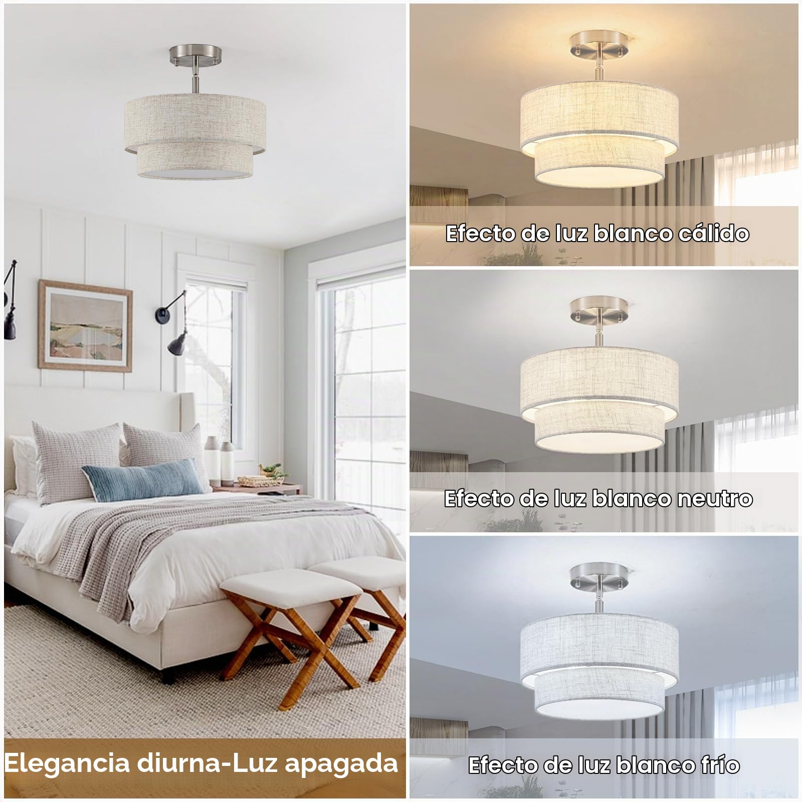 Lámparas de techo cromadas para sala de estar, lámpara de araña moderna de 3 luces con pantalla de tambor de tela beige doble, lámpara de techo semiempotrada para dormitorio, pasillo, comedor