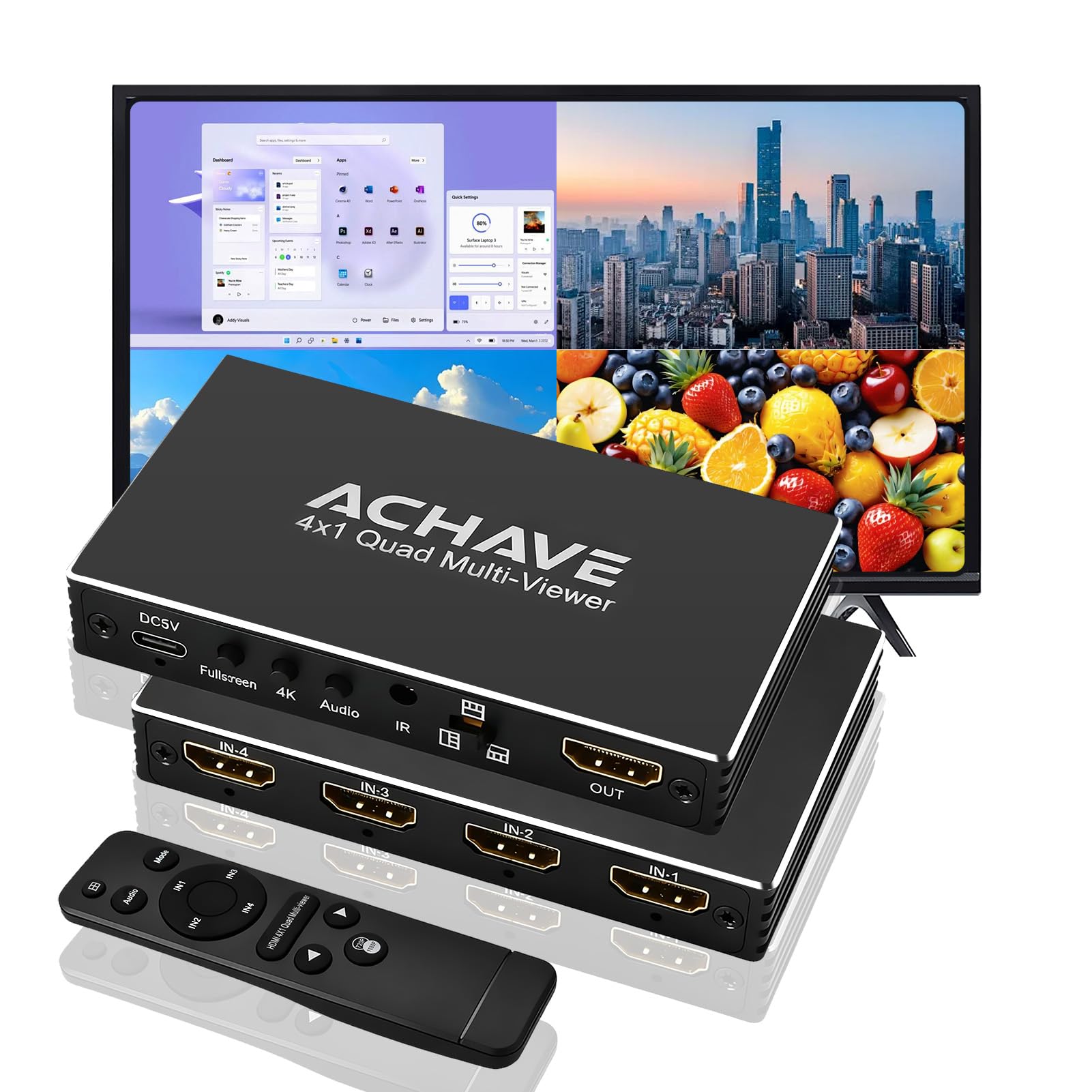 ACHAVE Interruptor multivisor HDMI 4x1, divisor de pantalla cuádruple 4K a 30Hz con 10 modos de visualización, conmutación sin costuras, control remoto IR, compatible con laptop, Xbox, TV Box