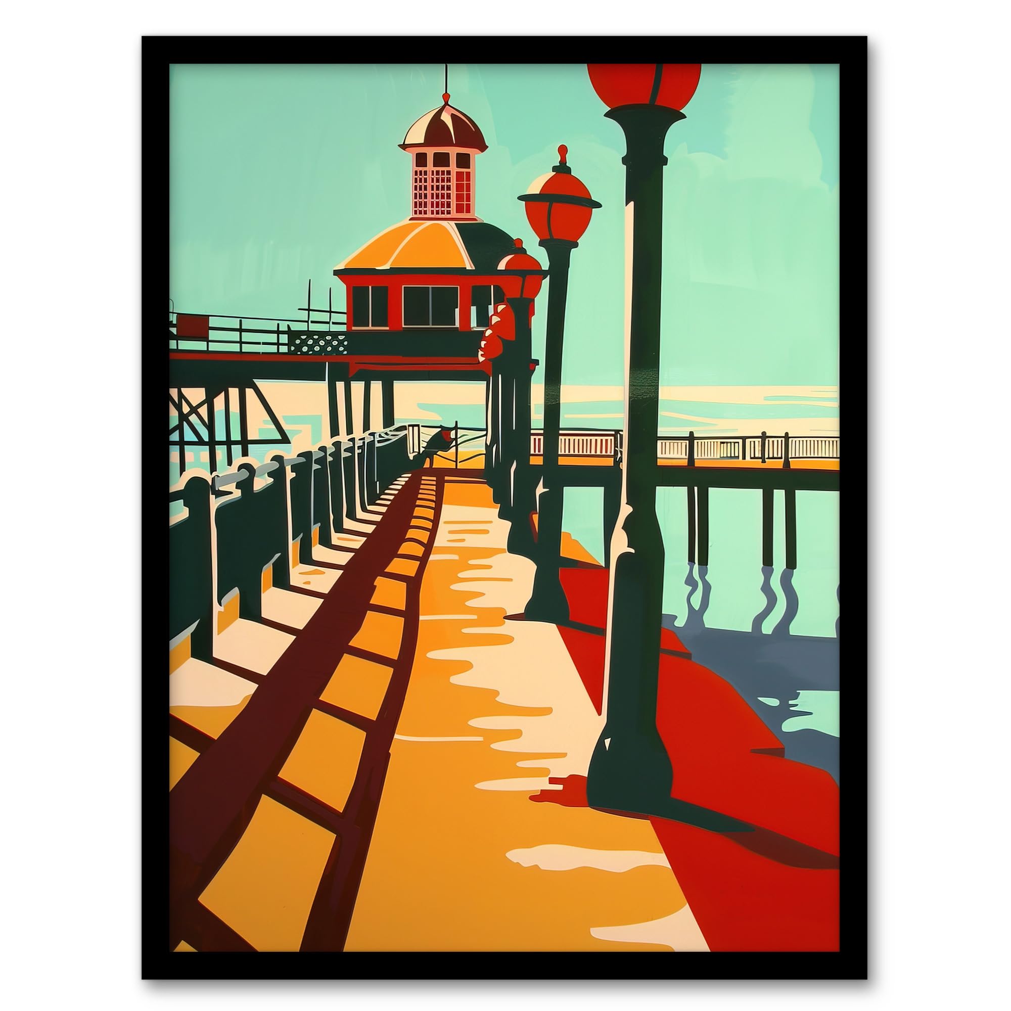 Artery8 Classic British Seaside Pier Graphic Design Living Room Artwork Framed Wall Art Print A4