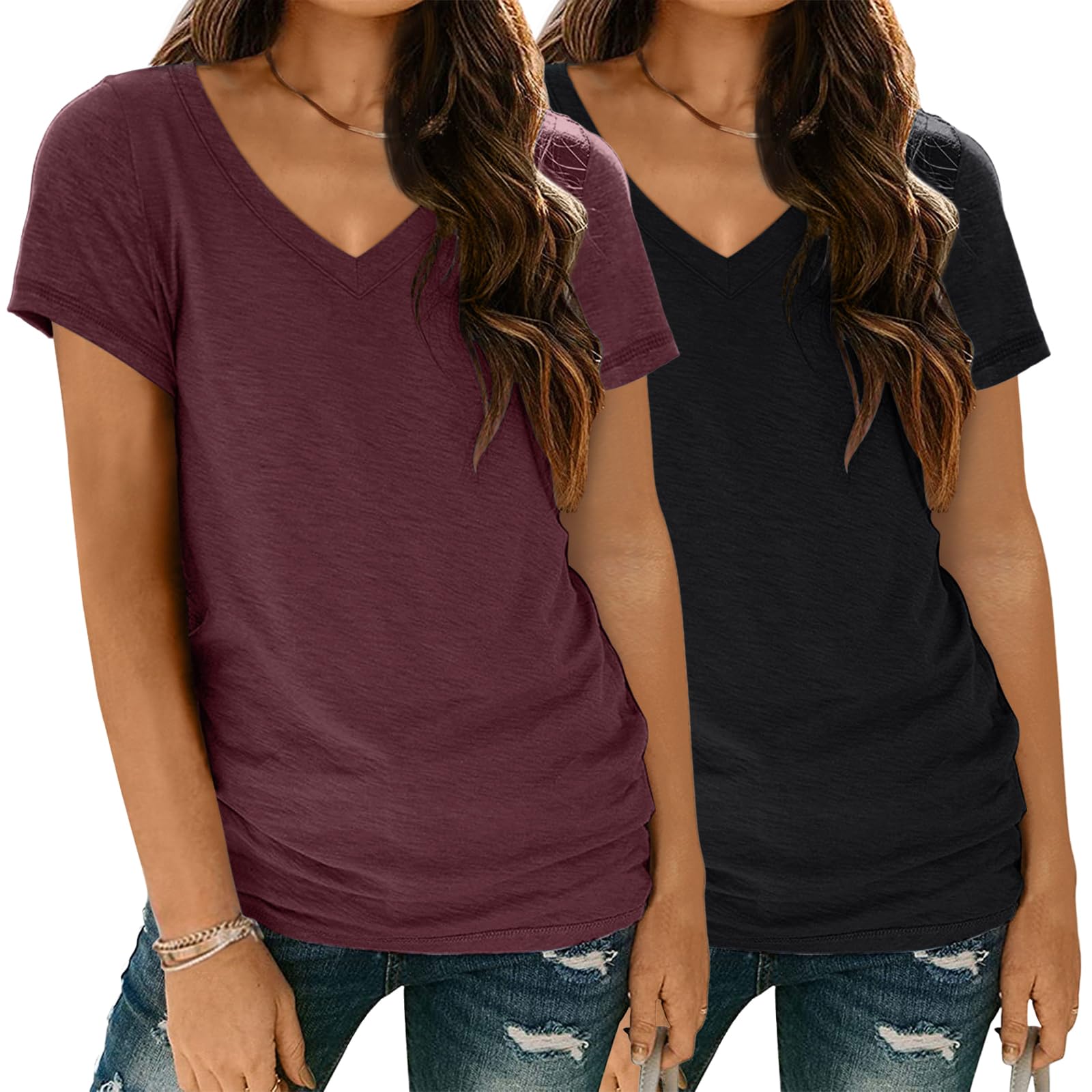 SUNBS Womens Short Sleeve Shirts Basic 2 Pack Tees V Neck Summer Spring Trendy Casual Tops Loose Fit Lightweight Clothes 2025