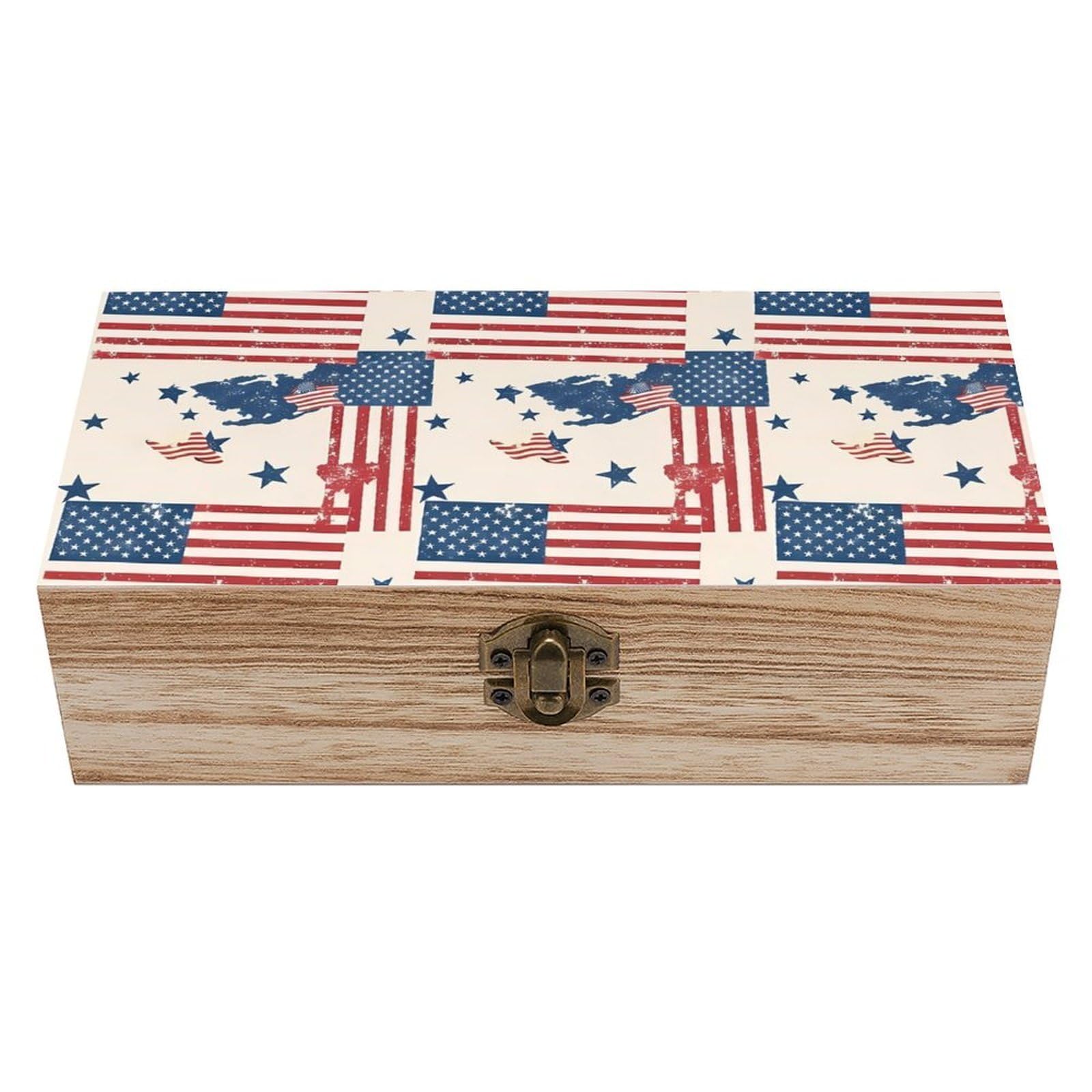 SMAZDFXX American Grunge Flag Wooden Storage Box With Hinged Lid Decorative Front Clasp Keepsake Boxes