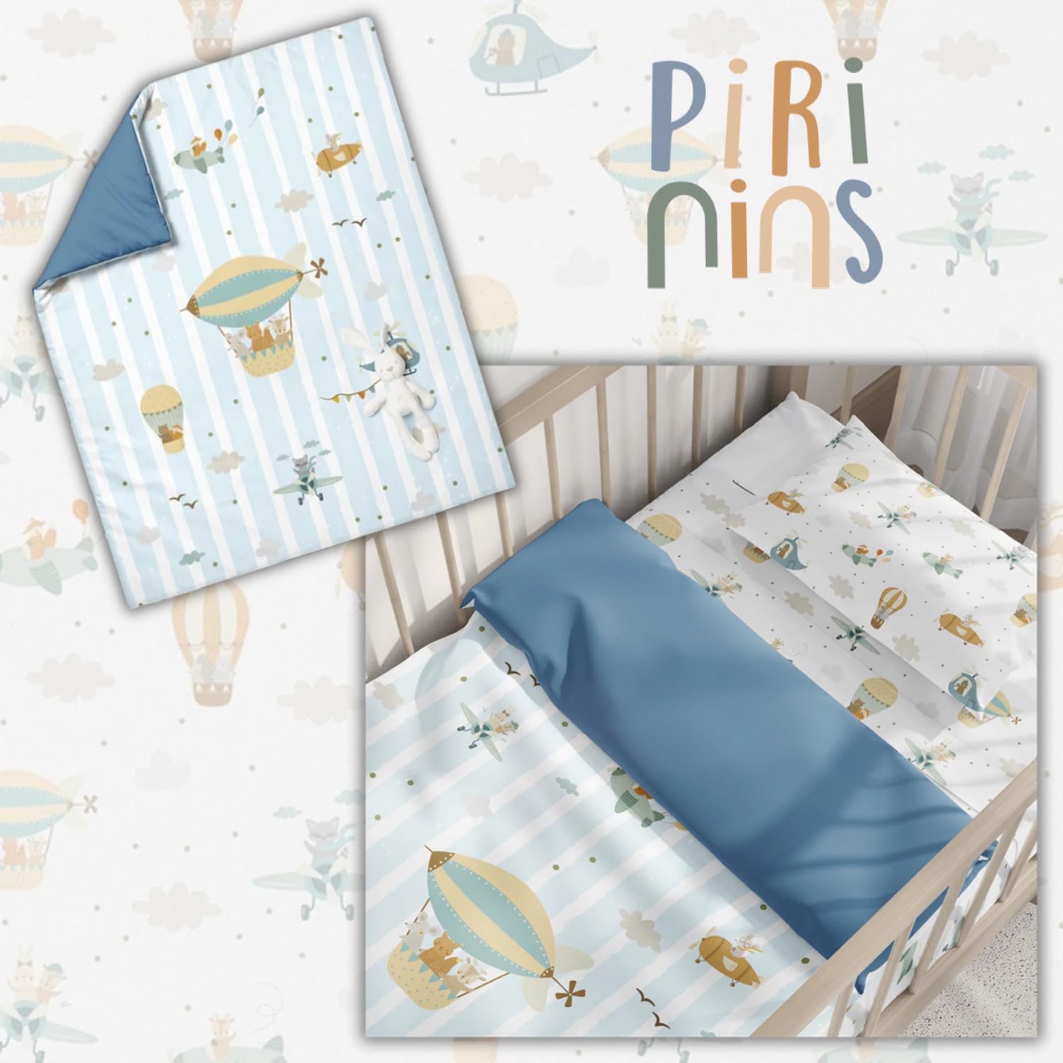 Copripiumino reversibile 100% cotone biologico per culla 60x120 cm, previene le allergie, coperta decorativa per la camera da letto, ultra morbido, collezione Premium, Industry Spagna (Palloncini)