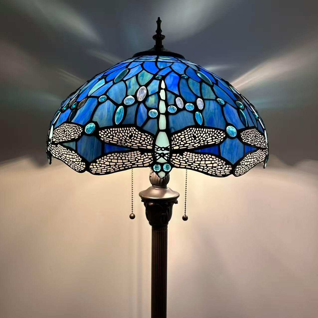 Blue Stained Glass Floor Lamp Dragonfly Metal Base LED Bulbs for Living Room Bedroom16 D*16" W*64" H