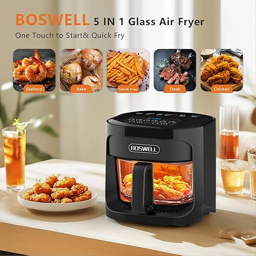 Miniatura 2 de BOSWELL Freidora de Aire de Vidrio, Tazón de Freír Transparente de 4.5QT, Calentamiento Circulante, No Tóxico, Freidora de Aire de Gran Capacidad
