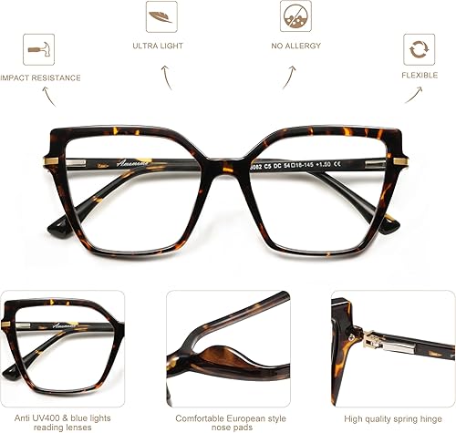 Miniatura 4 de AMOMOMA Lentes de lectura cuadrados con bloqueo de luz azul para mujeres y lectores con bisagra de resorte AM6082