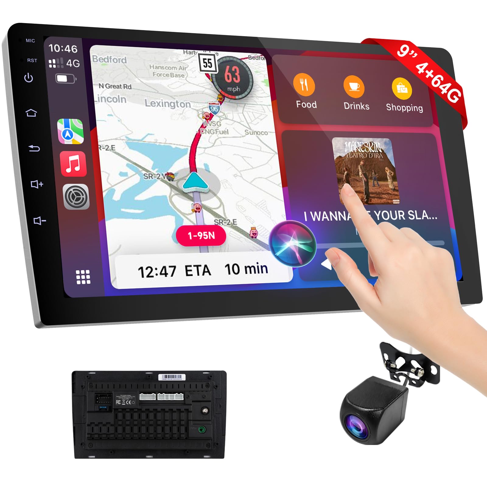 Haudio CarPlay Inalámbrico 9 Pulgadas Pantalla Coche - Autorradio Doble DIN con Control por Voz,FM,GPS,Android Auto, Estéreo Coche HD CarPlay con Pantalla Táctil y Cámara Trasera