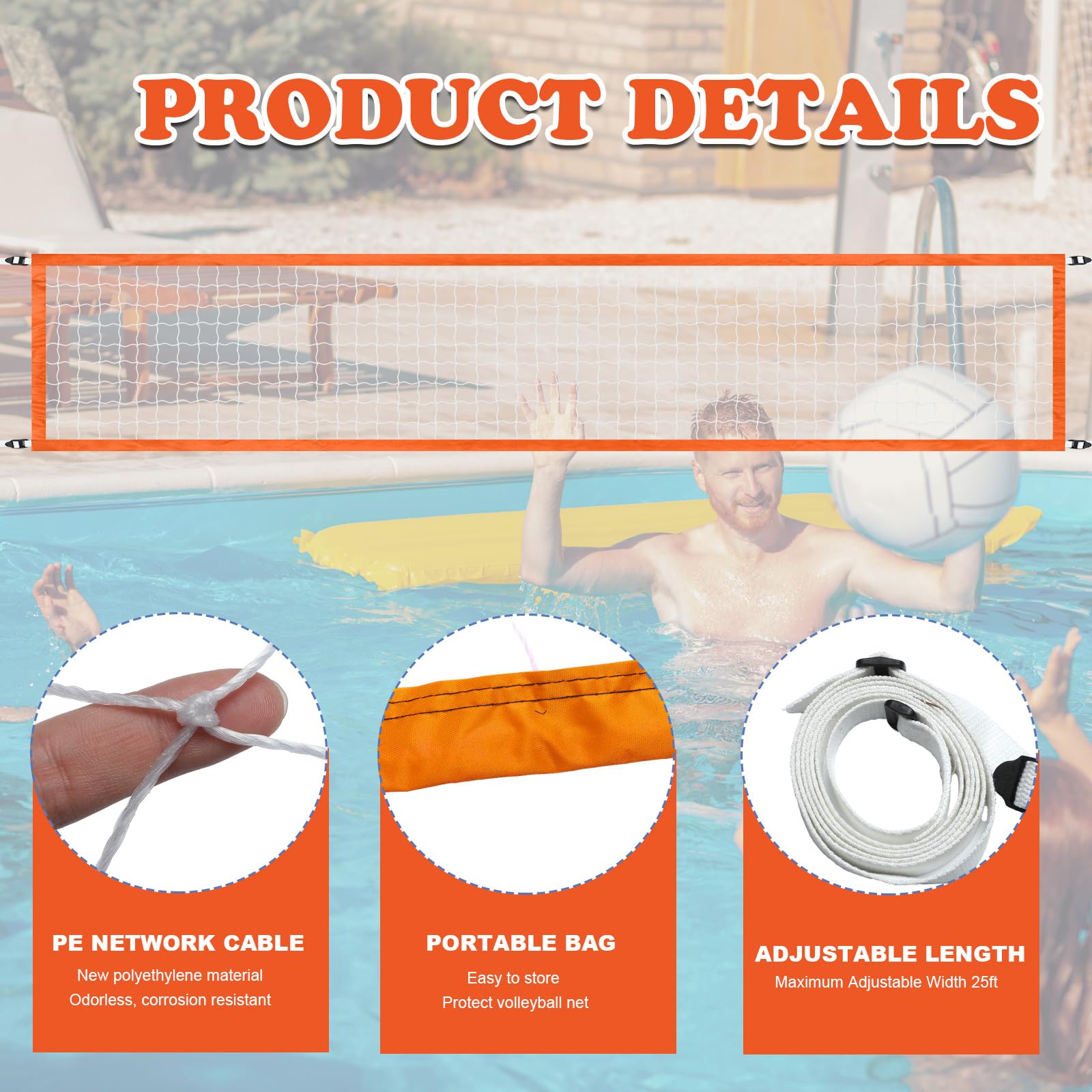 Red de voleibol de repuesto para piscina, 15 x 3 pies, red de voleibol portátil al aire libre para patio, piscina, escuela, playa
