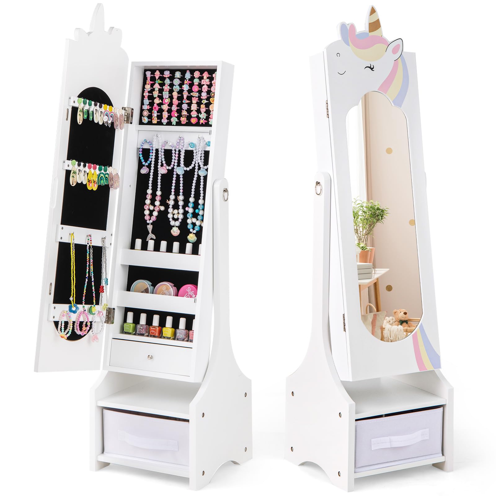 COSTWAY Kindersieradenkast, 2-in-1 spiegelkast, kantelbaar, met full-body spiegel, lade en opbergmand, sieradenstandaard, make-upspiegel, eenhoorn voor meisjes (roze