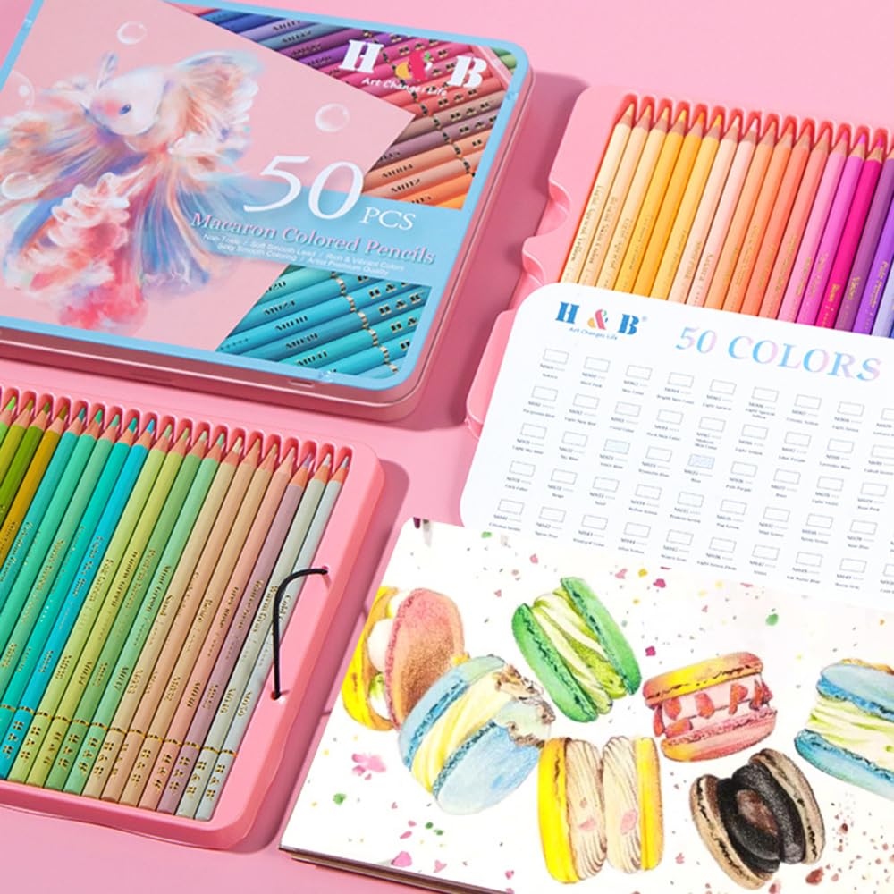 H&B 50 matite colorate Macaron per artisti e studenti - Set da disegno preaffilato con anima da 3,3 mm e corpo in tiglio - Include custodia in ferro con vassoio integrato