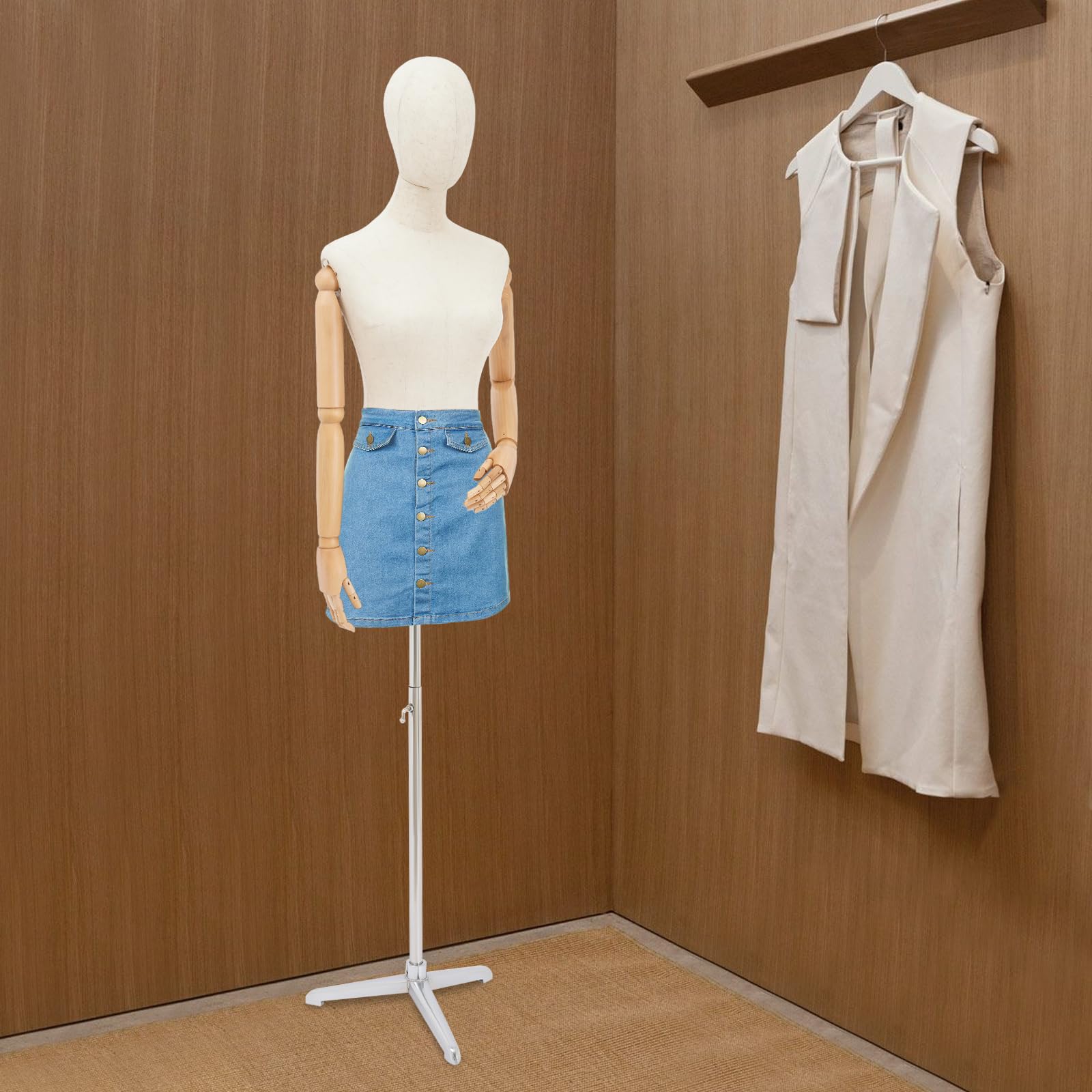 Maniquí premium femenino ajustable 65-120 cm maniquí de costura con cabeza giratoria, manos de madera, base estable, maniquí desmontable, maniquí torso para boutiques, tiendas, escaparates