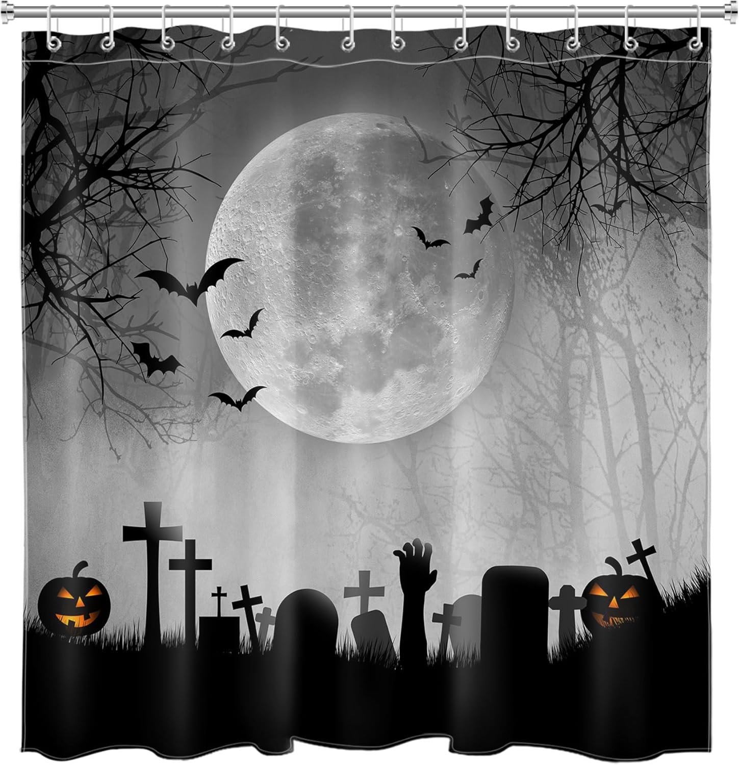 LB Spooky Halloween Shower Curtain Sets with Rugs, Black Bat Pumpkin and Dead Tree in Misty Forest Bathroom Sets Shower Curtain with Rugs,Scary Night Full Moon Bathroom Shower Curtain Set,72x72 inches