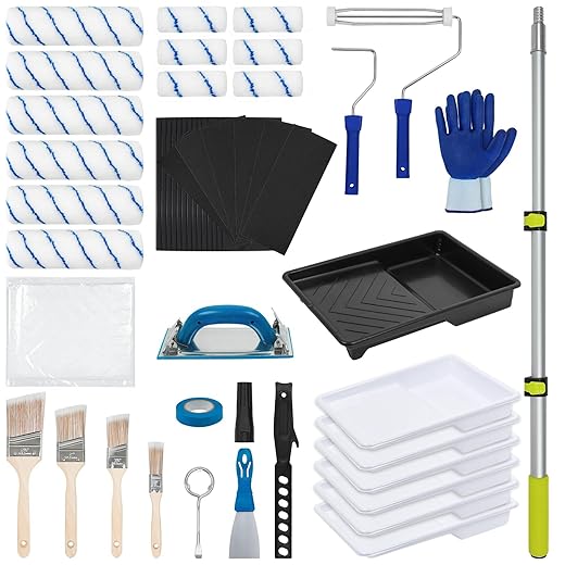 54 PCS Paint Roller Kit with Extension Pole, All-in-One Painting Supplies & Repair Set for Home DIY - Includes 4” & 9” Rollers, Brushes, Hand Sander, Drop Cloth for Walls, Ceilings, Wood Furniture