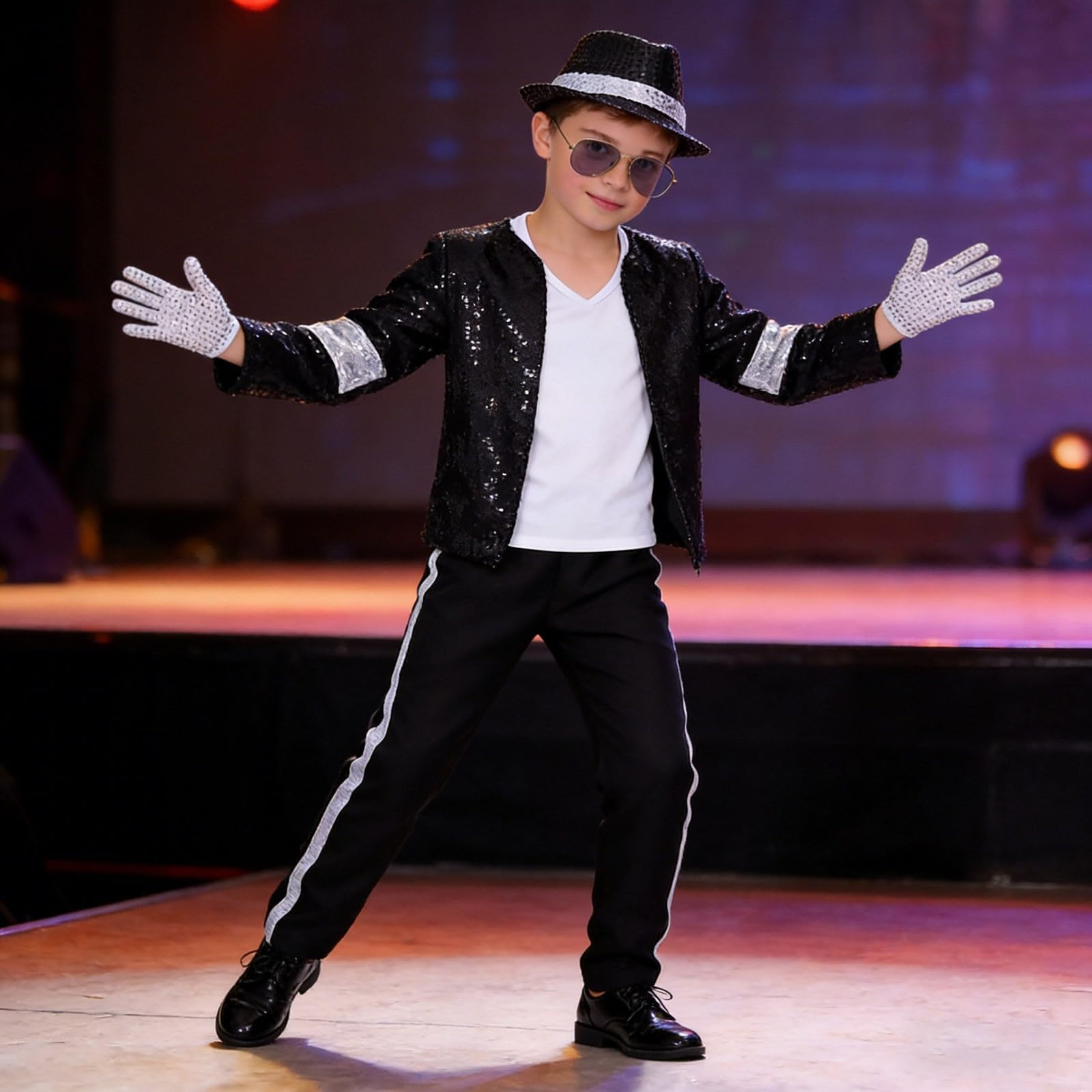 Generico Costume Pop Star Anni '80 '90 per Bambini Ragazzi 3-12 Anni, Set 5 Pezzi con Giacca Nera con Paillettes, Pantaloni, Cappello, Guanto – Spettacoli Halloween