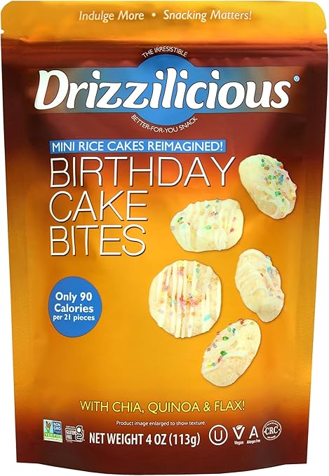 Drizzilicious Birthday Cake Mini Rice Cakes - 4oz(113g) Single Pack | Sinless Chocolatey Snack Bites - Rice Crisps Reinvented | Gluten - Free, Kosher Certified, Dairy - Free