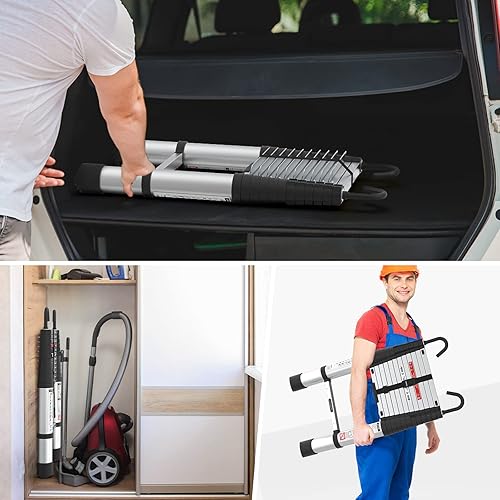 Miniatura 9 de LUISLADDERS - Escalera telescópica de aluminio de 12.5 pies, retroceso de un botón con ganchos, capacidad máxima de 330 libras, escalera plegable
