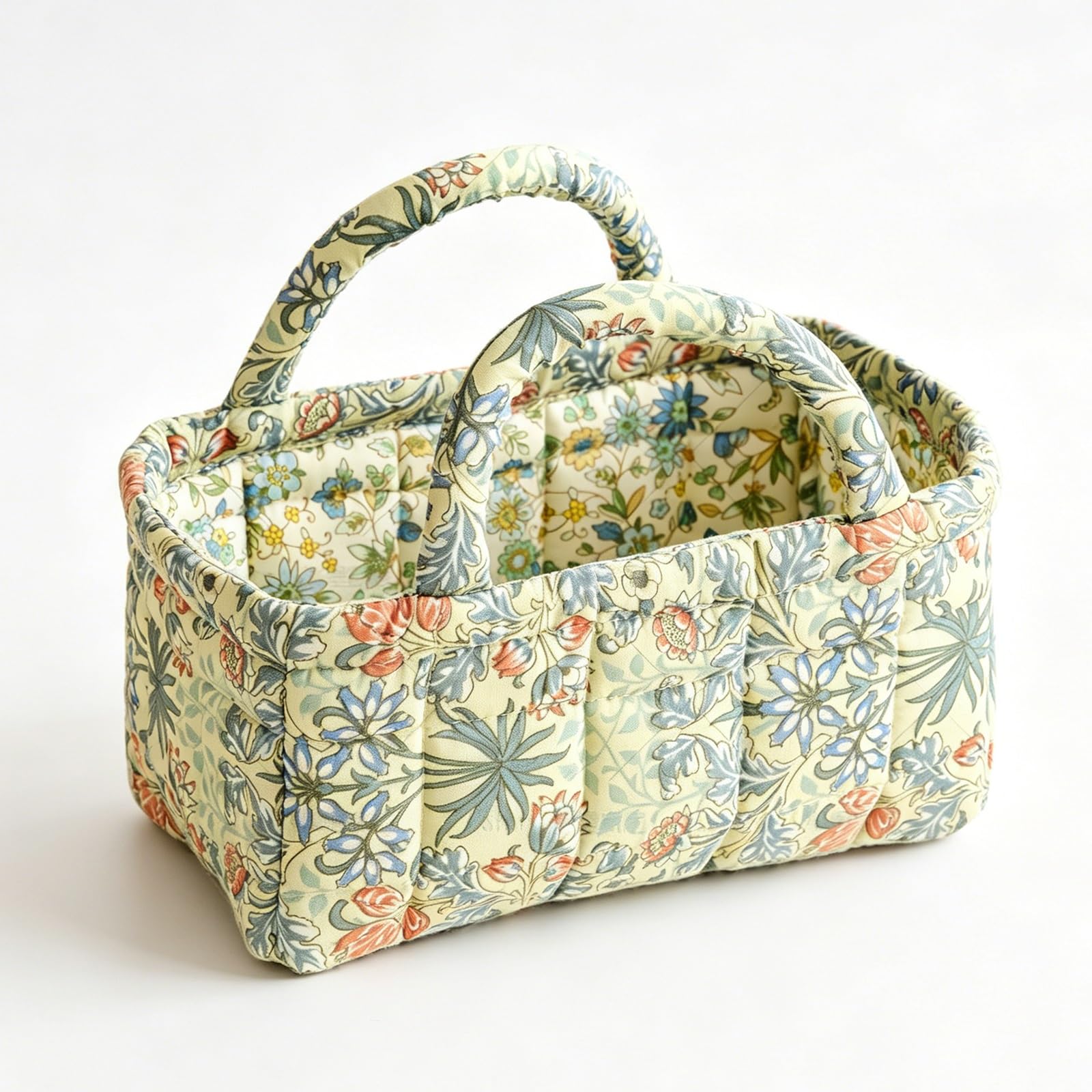 3L Floral Quilted Fabric Storage Basket, Portable Small Organizer Bin with Double Handles, Collapsible Cotton Makeup Basket for Bathroom Desktop Cosmetic Sundry Home Storage(6)
