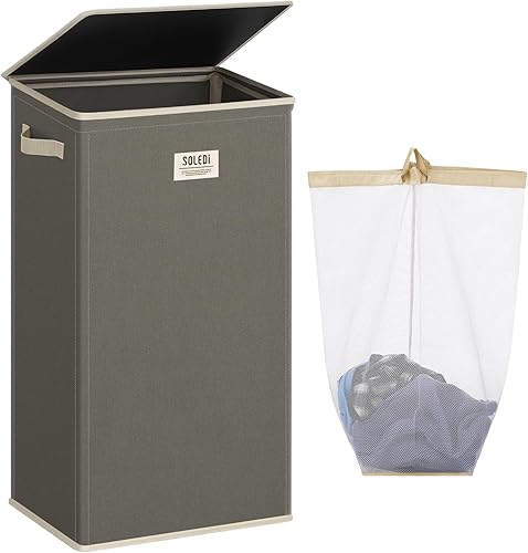 Miniatura 39 de SOLEDI Cesta de ropa con tapa, 100 L XL, cesta grande para la ropa sucia con bolsa removible, cestas de lavandería plegables, almacenamiento