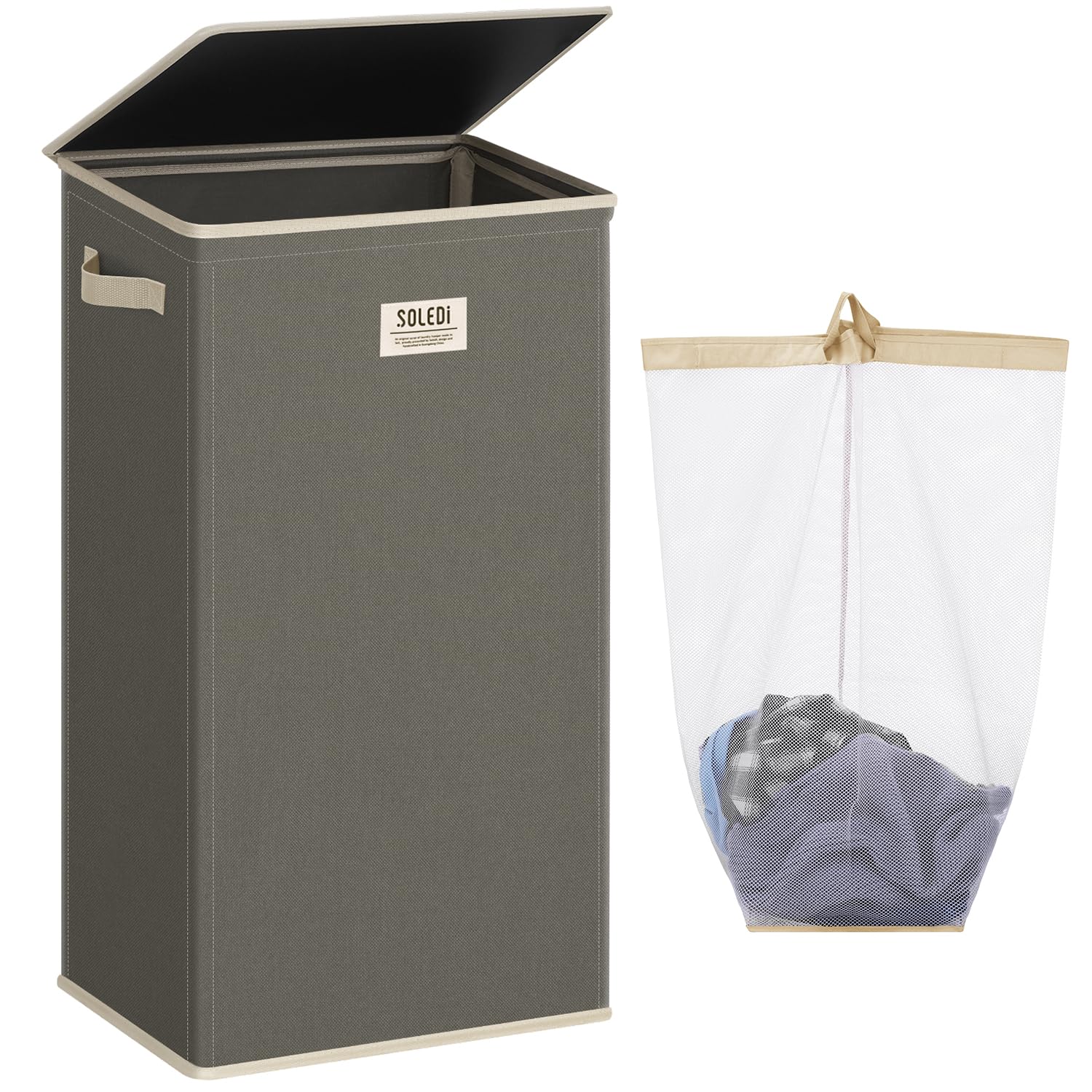 SOLEDI Laundry Hamper with lid, 100L Large Laundry Basket with Removable Bag Easy to Carry, Tall Clothes Hamper,Dirty Hampers for Bedroom, Bathroom, Dorm Cement
