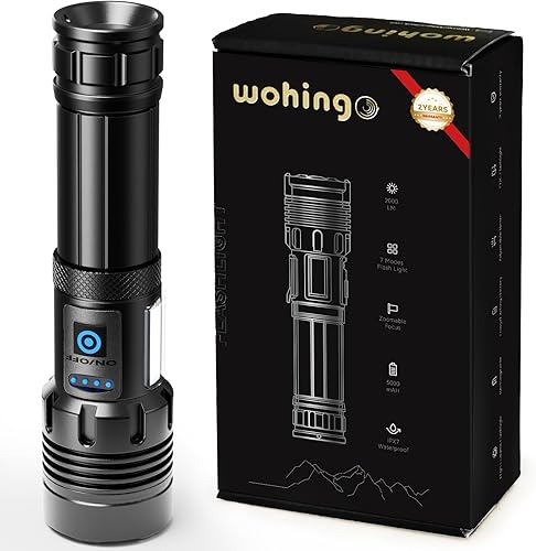 Linterna recargable de 2000 lúmenes altos IPX6 impermeable súper brillante linterna con 7 modos y luz lateral COB, luz de flash más brillante